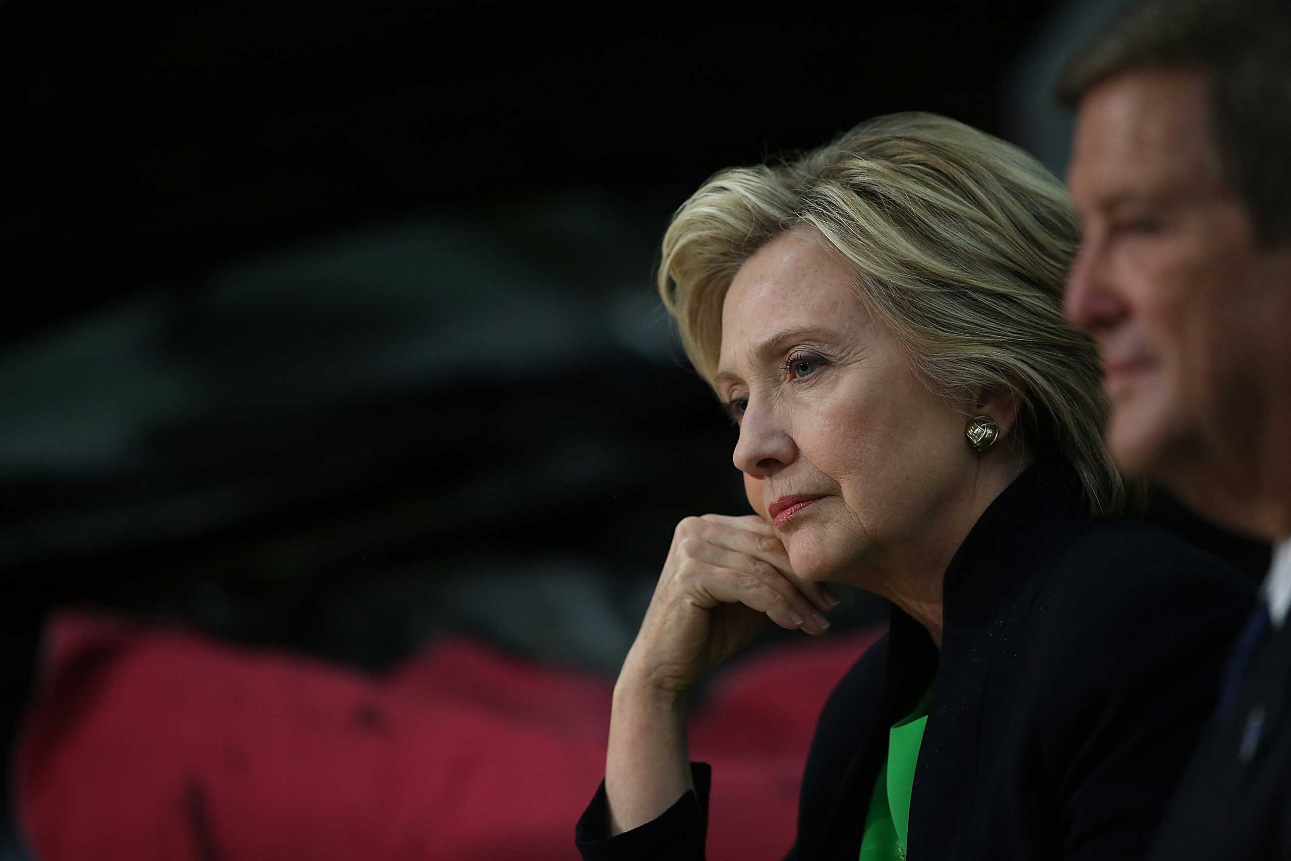 Democratic presidential hopeful and former Secretary of State Hillary Clinton looks on during a roundtable discussion with students and educators at the Kirkwood Community College Jones County Regional Center in Monticello, Iowa, on Apr. 14, 2015. (Justin Sullivan—Getty Images)