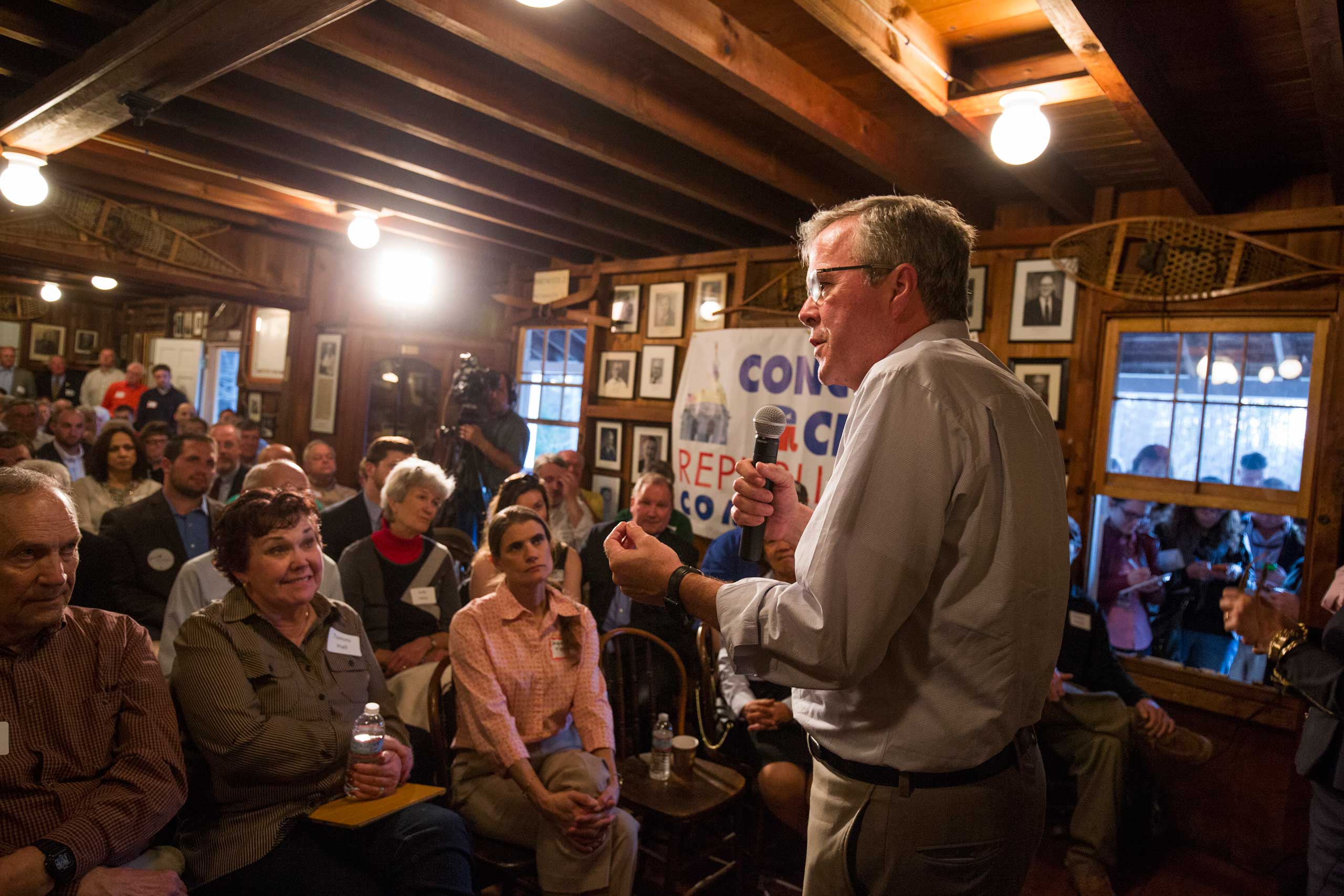 Jeb Bush speaks at the Concord City Republican Committee’s “Politics and Pies” series  at the Concord Snowshoe Club in Concord, N.H. on April 16, 2015. (Brooks Kraft—Corbis for TIME)