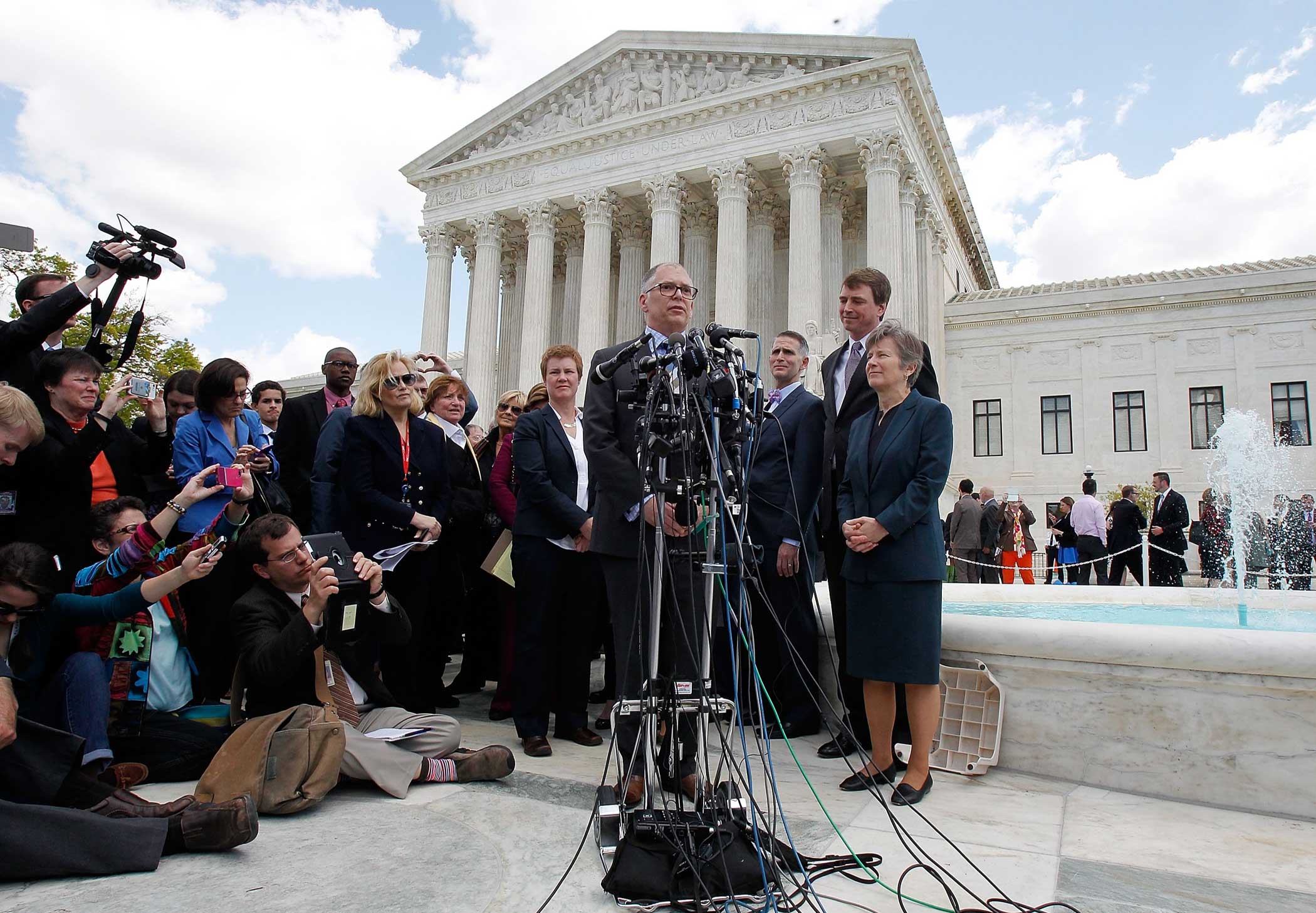 Jim Obergefell, the plaintiff in the marriage equality case, speaks outside of the  Supreme Court of the United States on April 28, 2015 in Washington. (Paul Morigi—Getty Images for HRC)