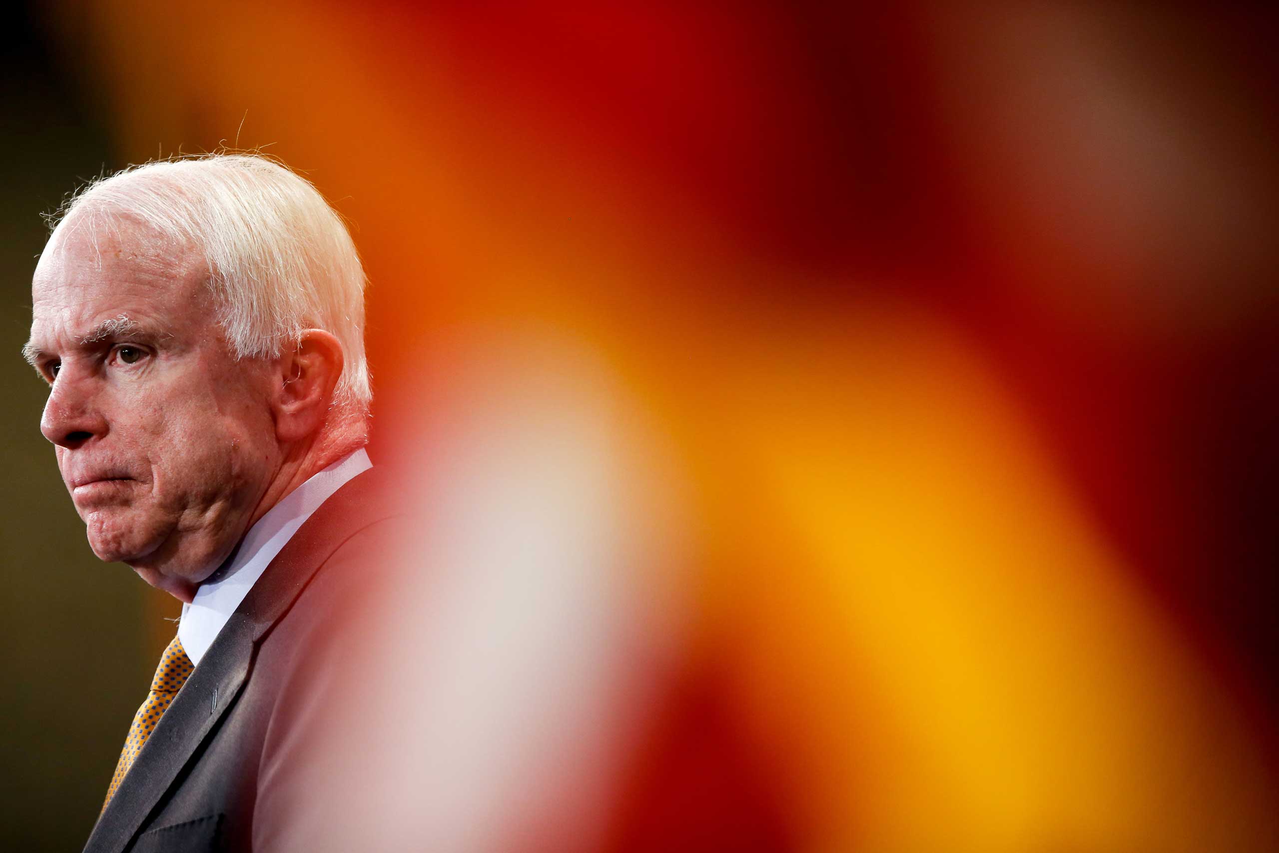 Sen. John McCain, R-Ariz., during a press conference on Capitol Hill in Washington on Thursday, March 26, 2015, on the situation in Yemen. (Andrew Harnik—AP)