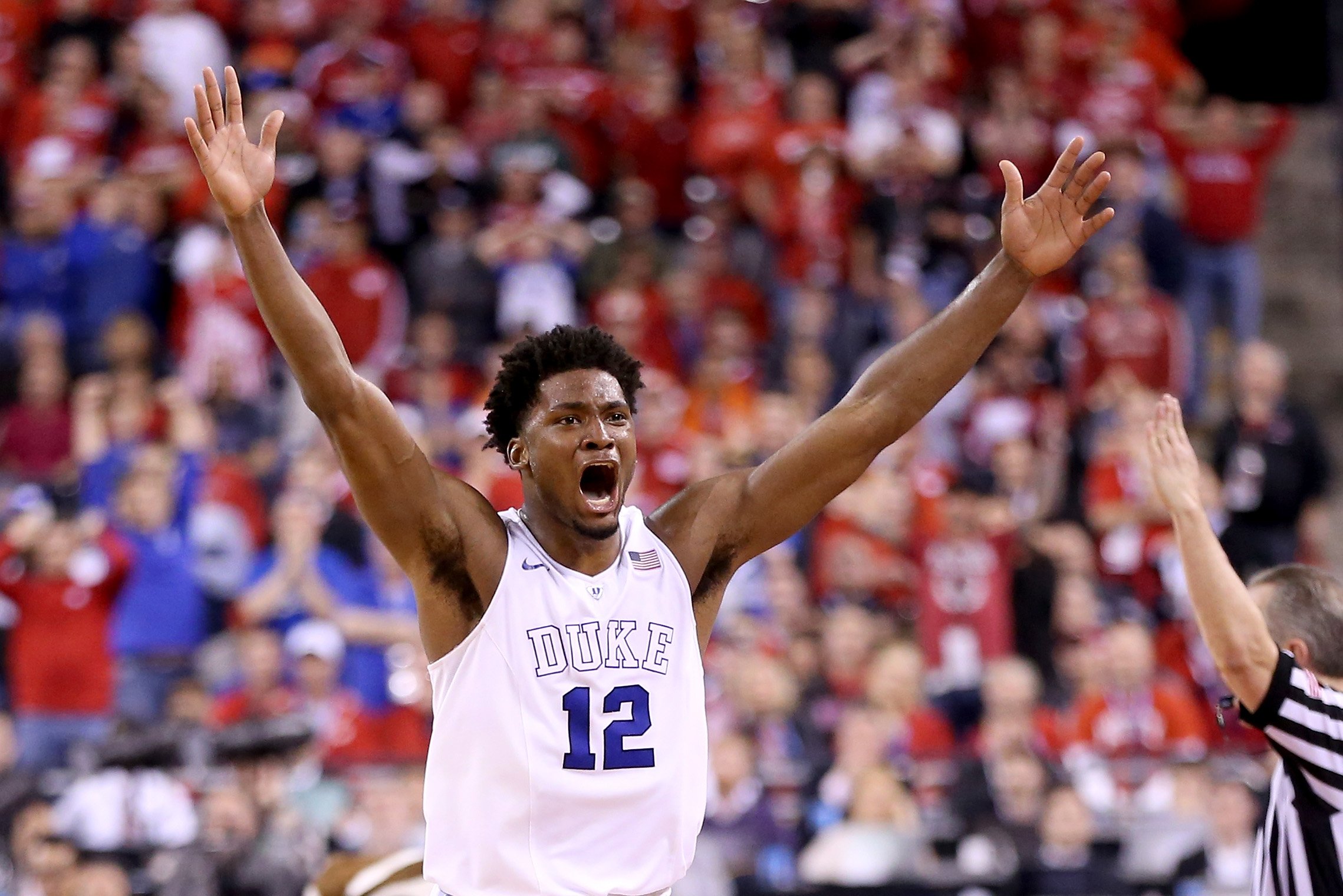 Justise Winslow of the Duke Blue Devils celebrates after defeating the Wisconsin Badgers during the NCAA Men's Final Four National Championship at Lucas Oil Stadium on April 6, 2015 in Indianapolis.