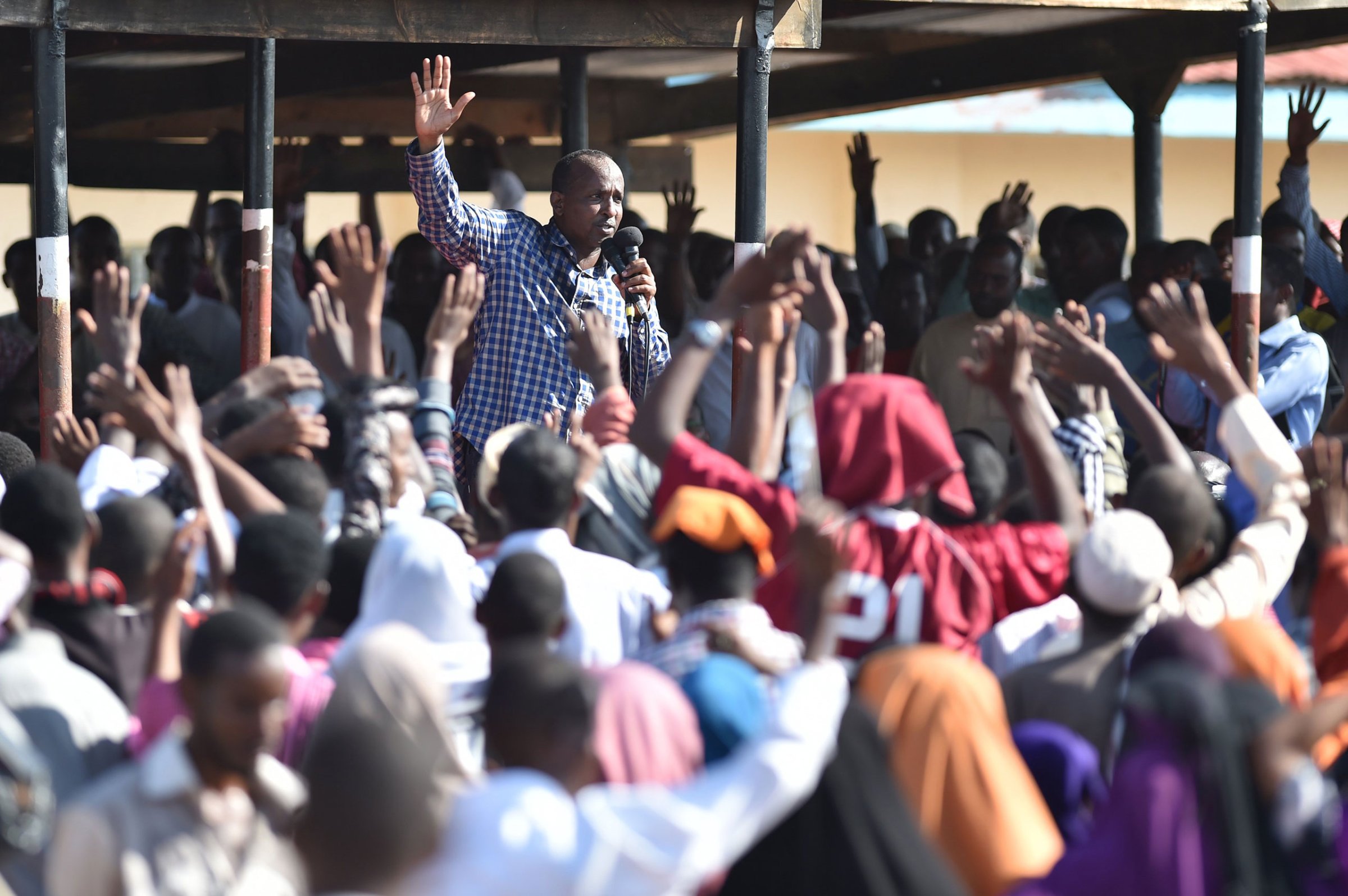 Kenya's National Assembly majority leader Aden Duale delivers a speech during a rally in Garissa, Kenya, on April 3, 2015. More than one thousand local residents attended the rally to emphasis security and condemn terrorist activities.