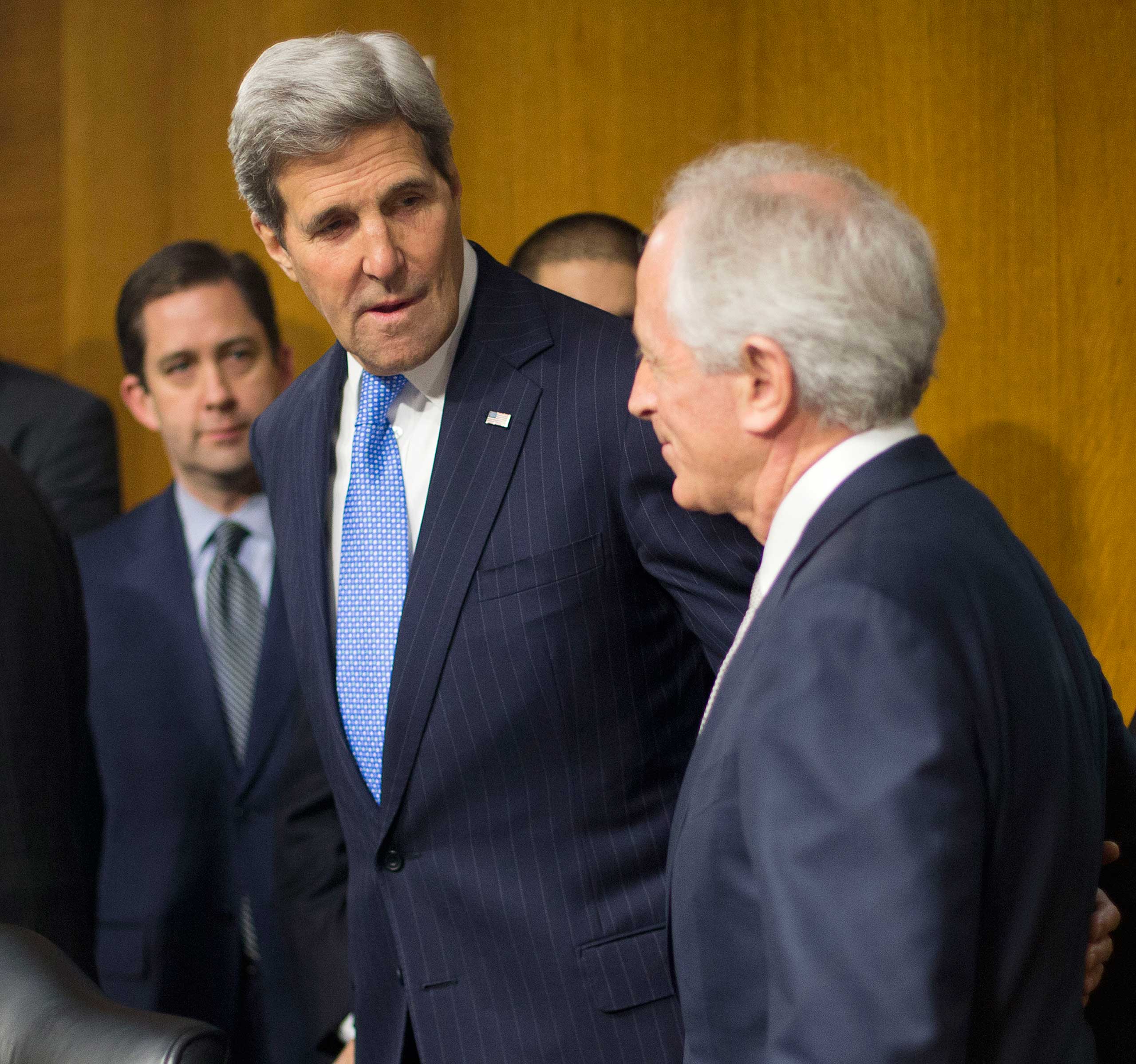 Senate Foreign Relations Committee Chairman Sen. Bob Corker, R-Tenn., right, greets  Secretary of State John Kerry on Capitol Hill in Washington, Wednesday, March 11, 2015, prior to Kerry's testimony before the committee. (Pablo Martinez Monsivais—AP)