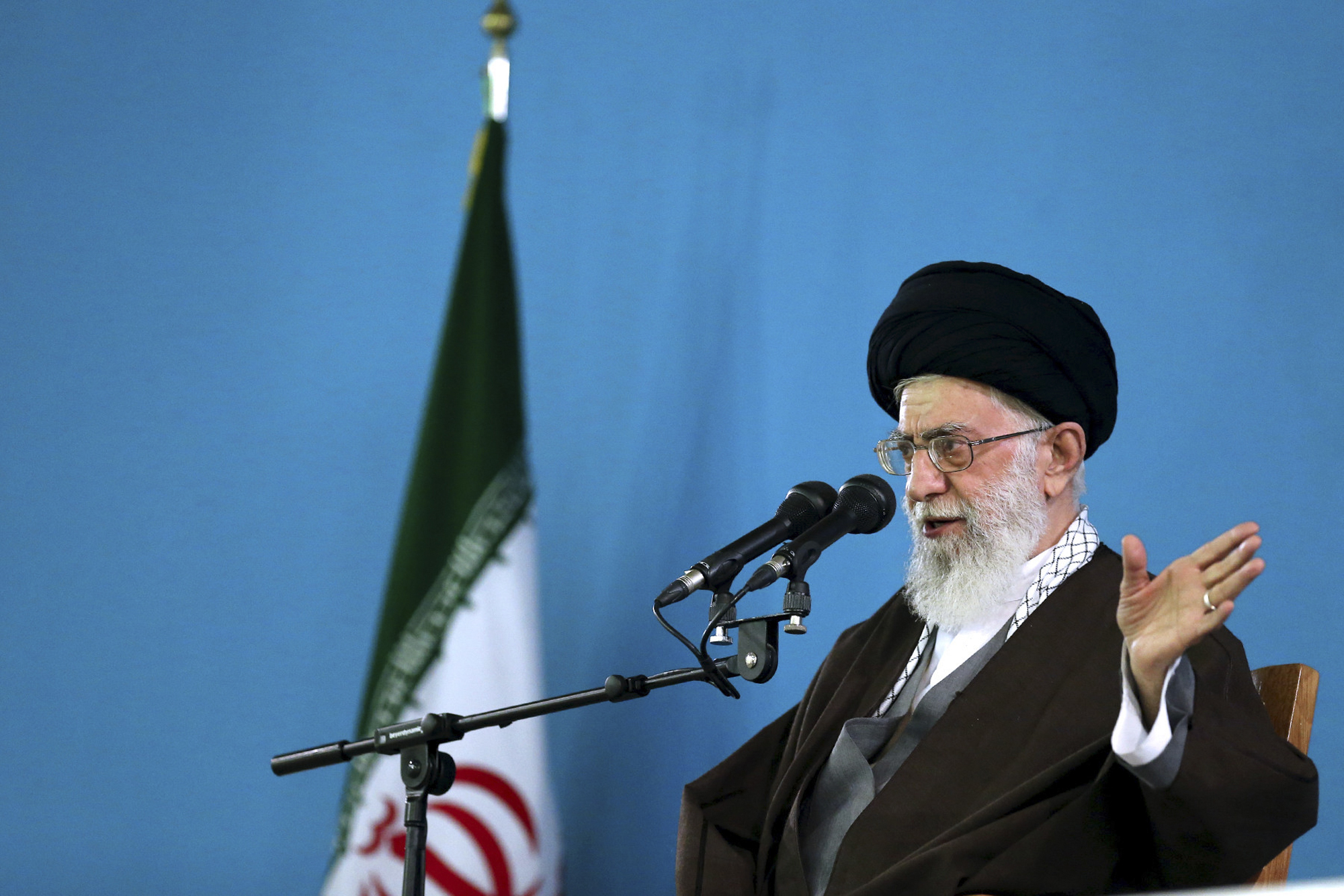 Iranian Supreme Leader Ayatollah Ali Khamenei addresses military commanders in Tehran on April 19, 2015, (Office of the Iranian Supreme Leader/AP)