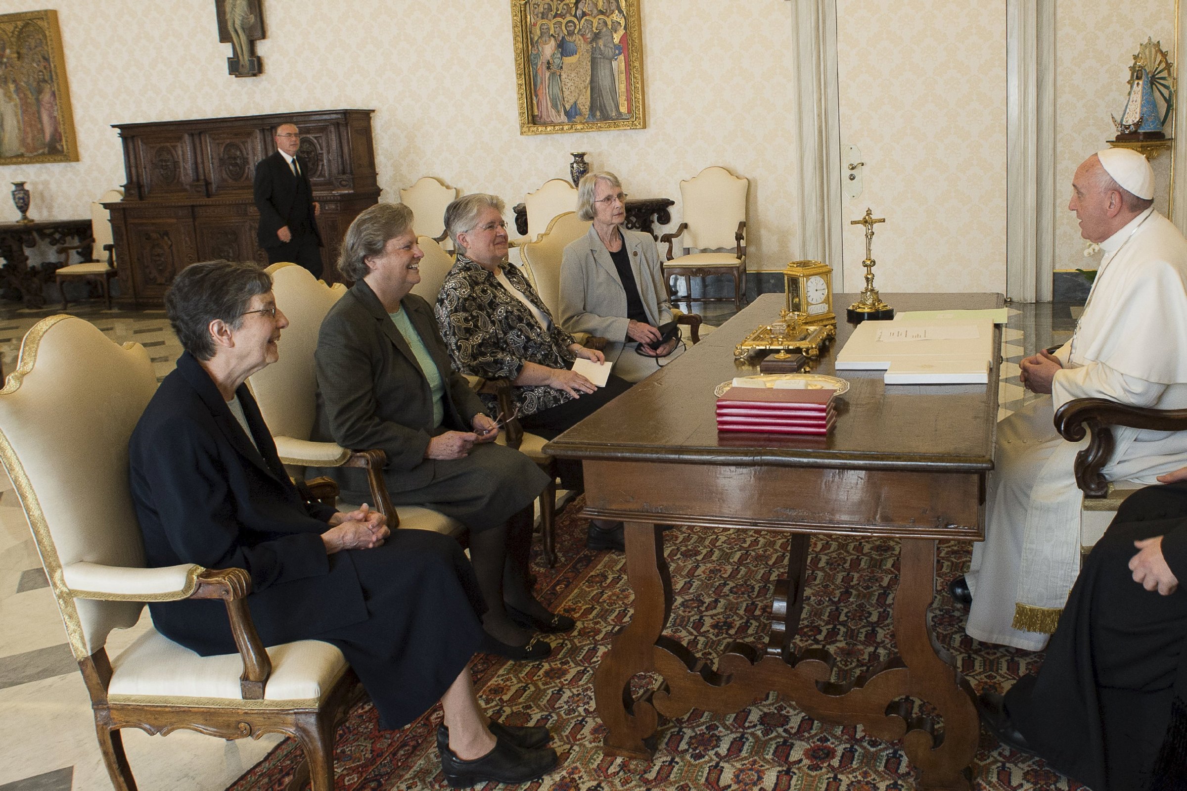 Pope Francis meets members of Leadership Conference of Women Religious (LCWR) during a private audience in the pontiff's studio at the Vatican on April 16, 2015.