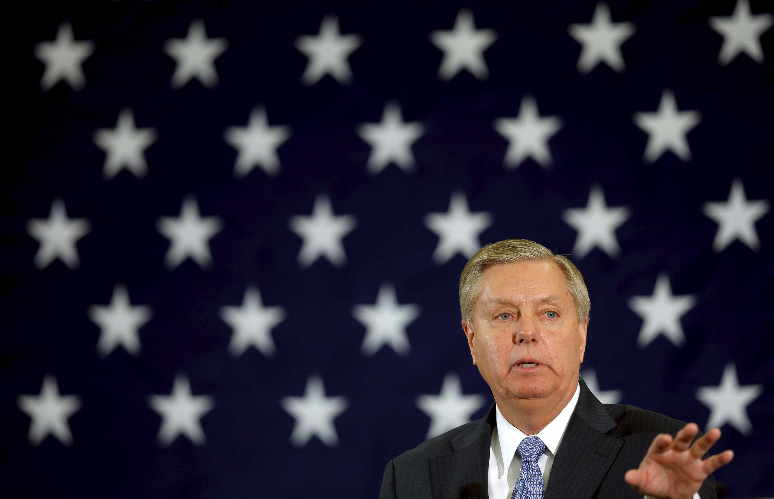 Potential Republican 2016 presidential candidate U.S. Senator Lindsey Graham (R-SC) speaks at the First in the Nation Republican Leadership Conference in Nashua, New Hampshire, April 18, 2015.