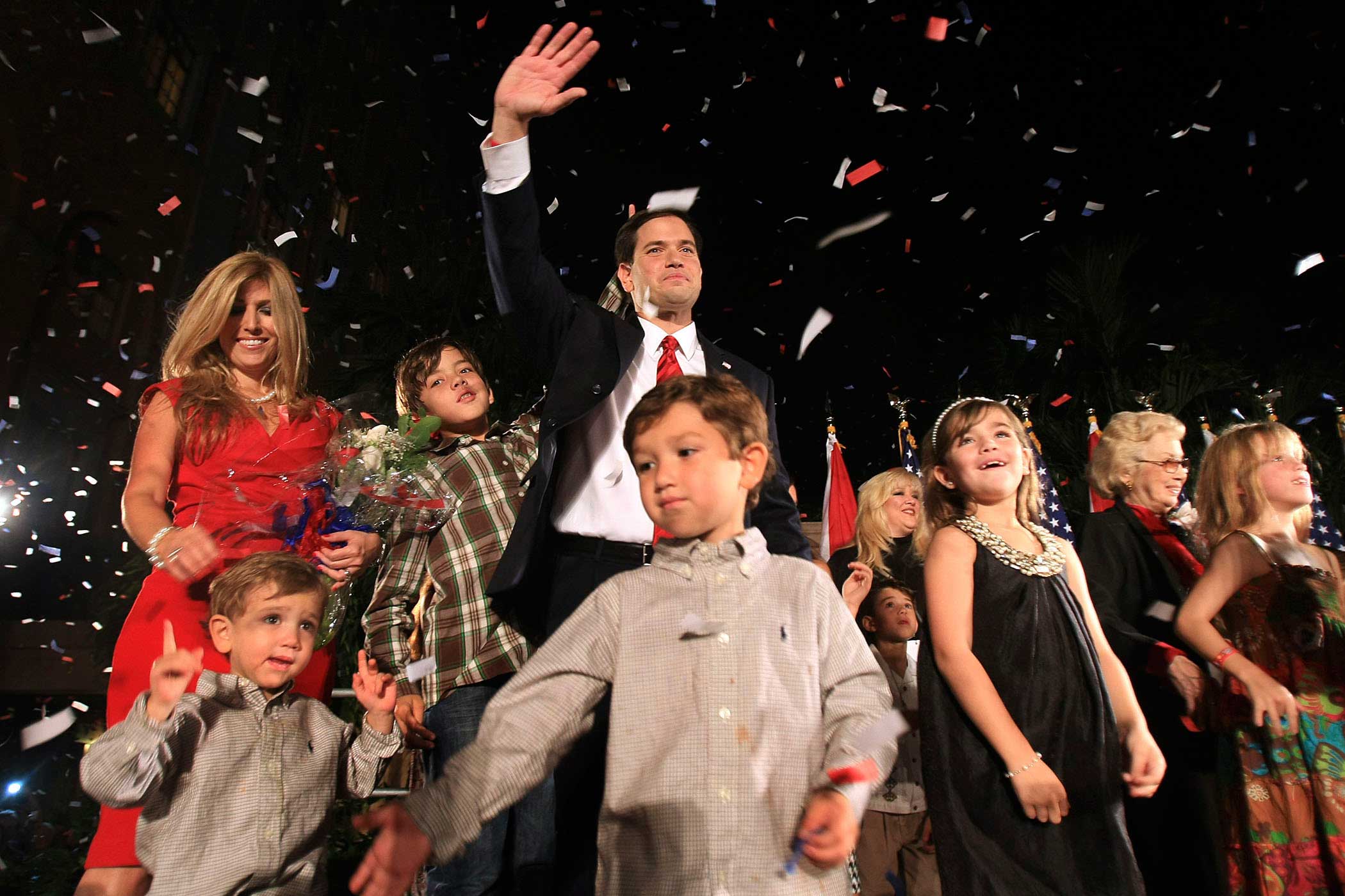 Then Florida Republican U.S. Senate nominee Marco Rubio celebrates with his family after winning the election on Nov. 2, 2010, in Coral Gables, Fla.