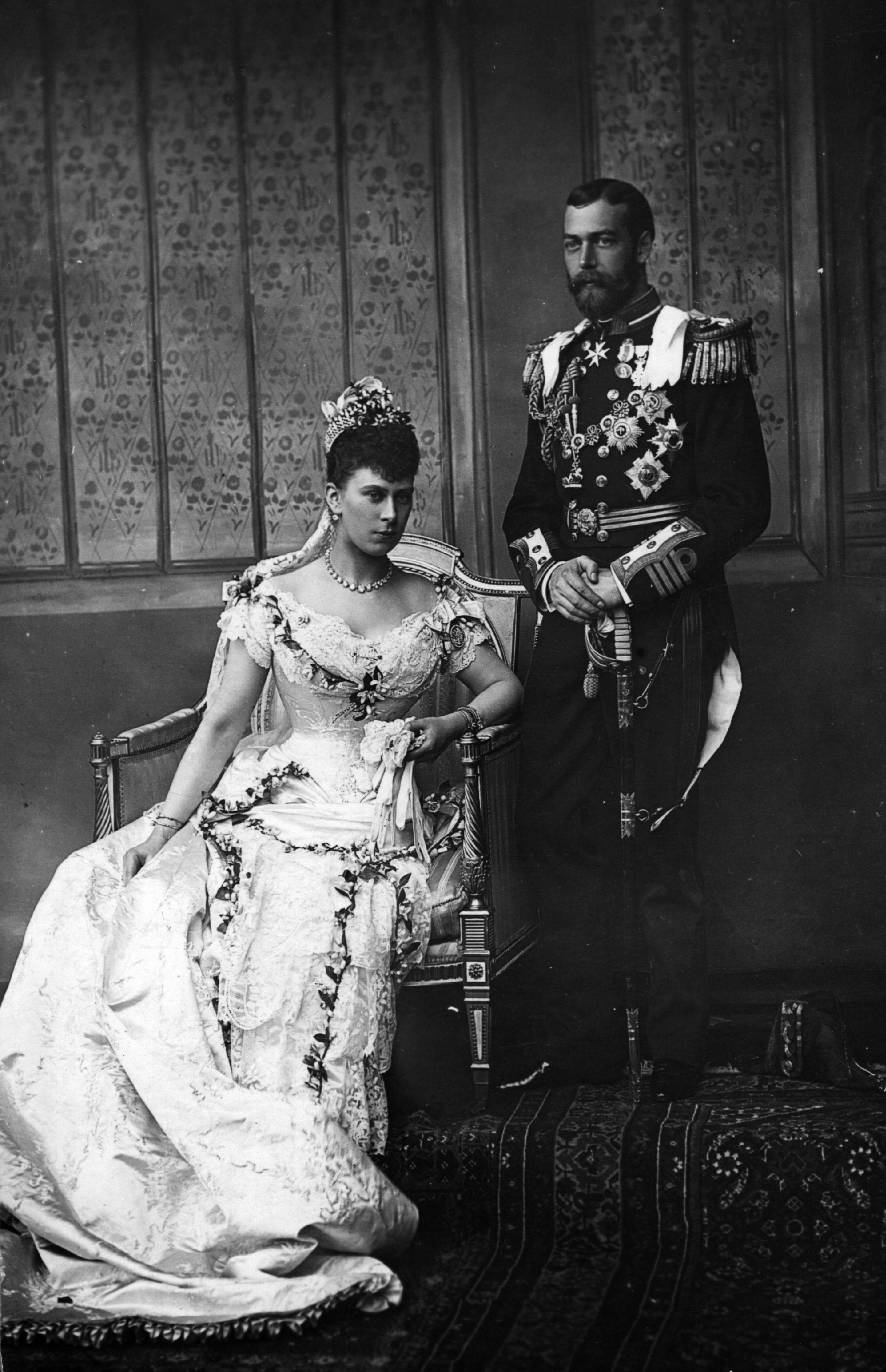 King George V on his wedding day with his bride Princess Mary of Teck on July 6, 1893.