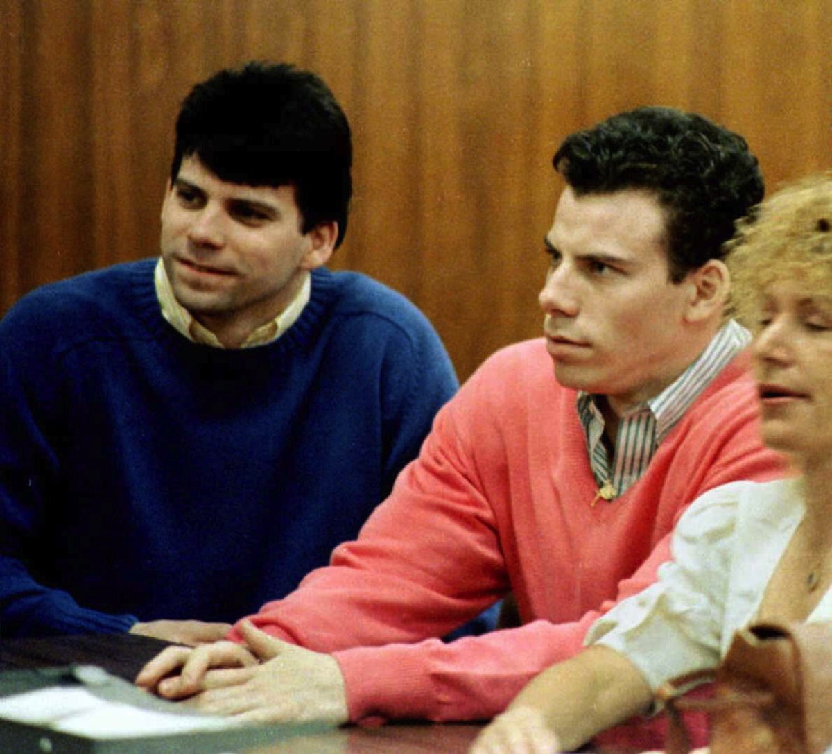Double murder defendants Erik (R) and Lyle Menendez (L) during a court appearance in Los Angeles, Calif., in 1992 (Mike Nelson—AFP/Getty Images)