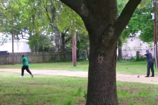 North Charleston police officer Michael Slager is seen allegedly shooting 50-year-old Walter Scott in the back as he runs away, in this still image from video in North Charleston, South Carolina taken April 4, 2015.