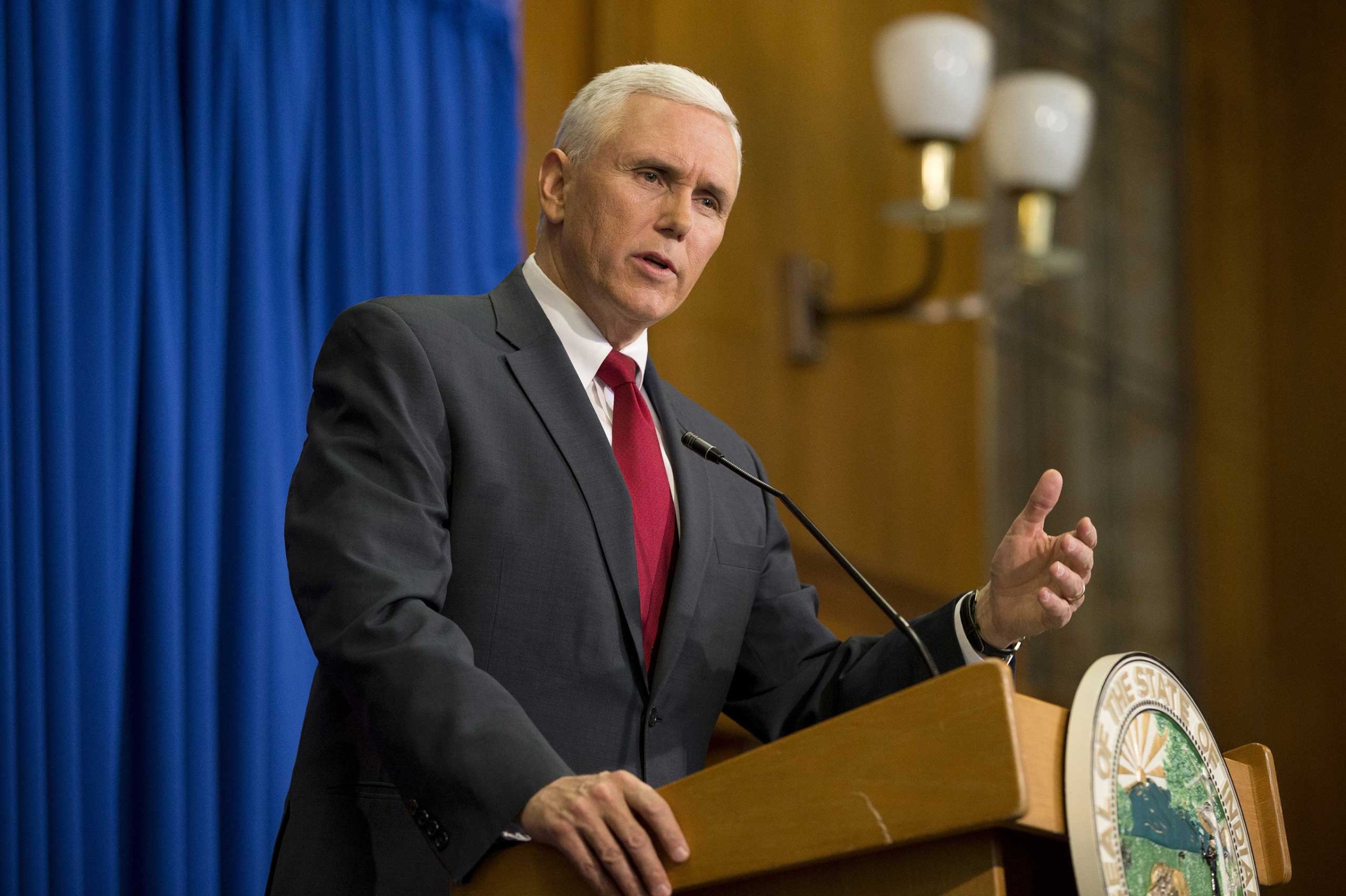 Indiana Gov. Mike Pence speaks during a press conference at the Indiana State Library in Indianapolis on March 31, 2015.
