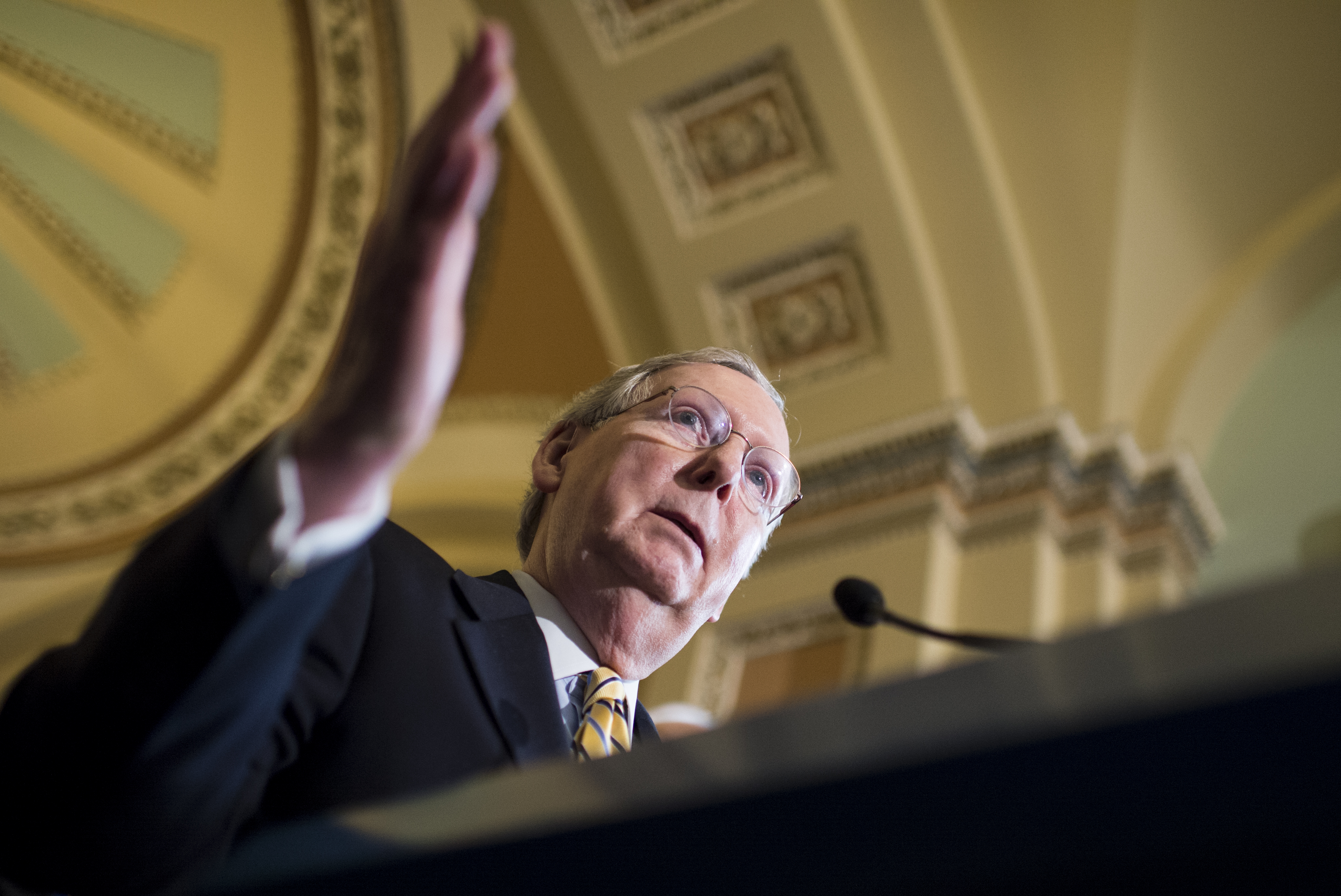 Senate Majority Leader Mitch McConnell, R-Ky., speaks to the media following the Senate Republicans' policy lunch in the Capitol on April 21, 2015. (Bill Clark—AP)