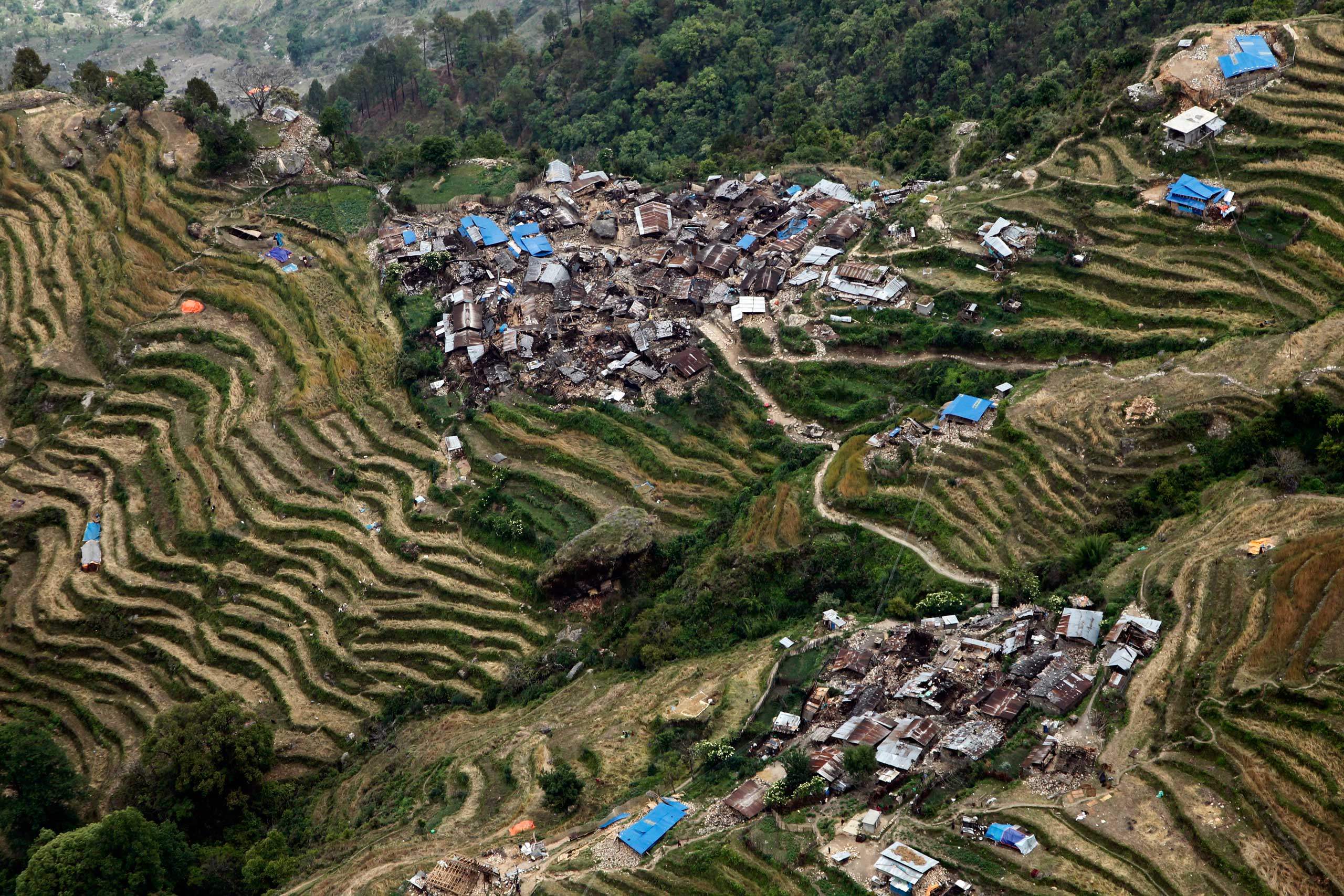 Destroyed villages sit on mountain tops near the epicenter of Saturday's massive earthquake, in the Gorkha District of Nepal on April 29, 2015.