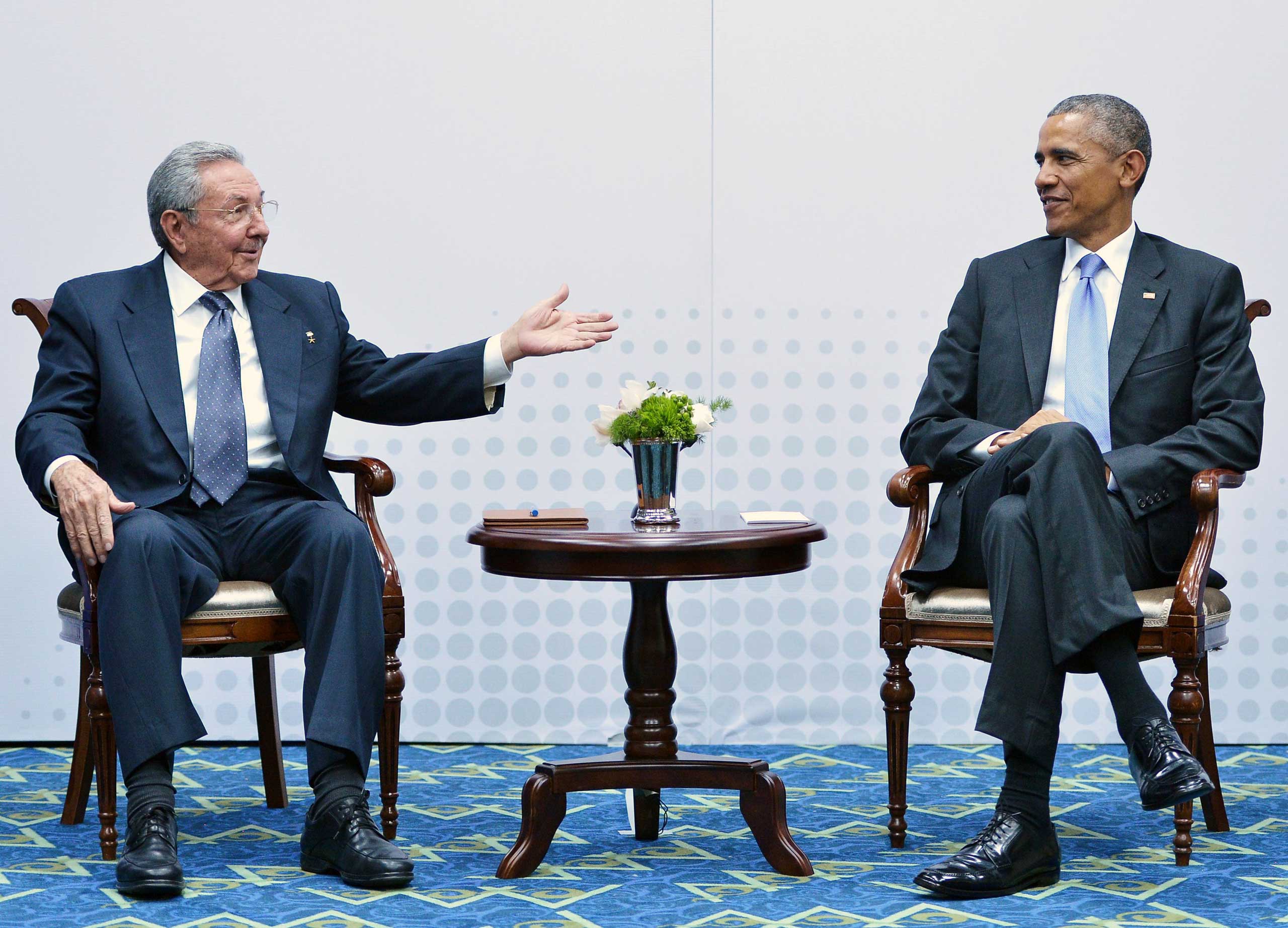 Cuban President Raul Castro speaks during a meeting with President Barack Obama on the sidelines of the Summit of the Americas at the ATLAPA Convention center in Panama City, on April 11, 2015. (Mandel Ngan—AFP/Getty Images)