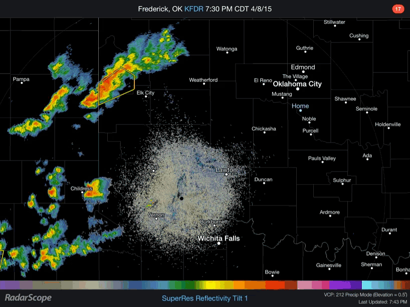 Severe storm shown on radar at 7:45pm moving into west central Oklahoma on April 8, 2015.