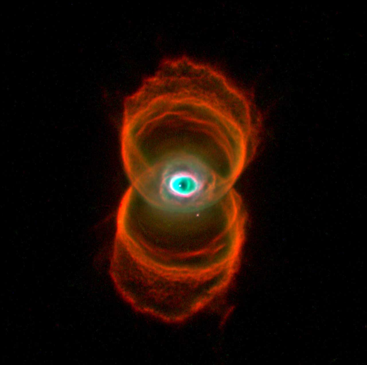 The Hourglass Nebula:
                              
                              The nebula, also known as MyCn18, is a young planetary nebula located about 8,000 light-years away. The image shed new light on the poorly understood ejection of stellar matter which accompanies the slow death of Sun-like stars. 
                              
                              Image released on Jan. 16, 1996