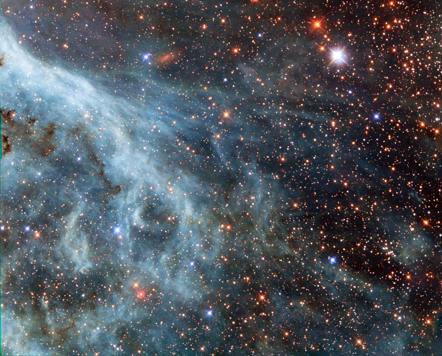 Large Magellanic Cloud:
                              This image shows part of the Large Magellanic Cloud (LMC), a small nearby galaxy that orbits our galaxy, the Milky Way, and appears as a blurred blob in our skies. This data in this image is part of the Archival Pure Parallel Project (APPP), a project that gathered together and processed over 1000 images taken using Hubble’s Wide Field Planetary Camera 2, obtained in parallel with other Hubble instruments. 
                              Image released on Oct. 13, 2014