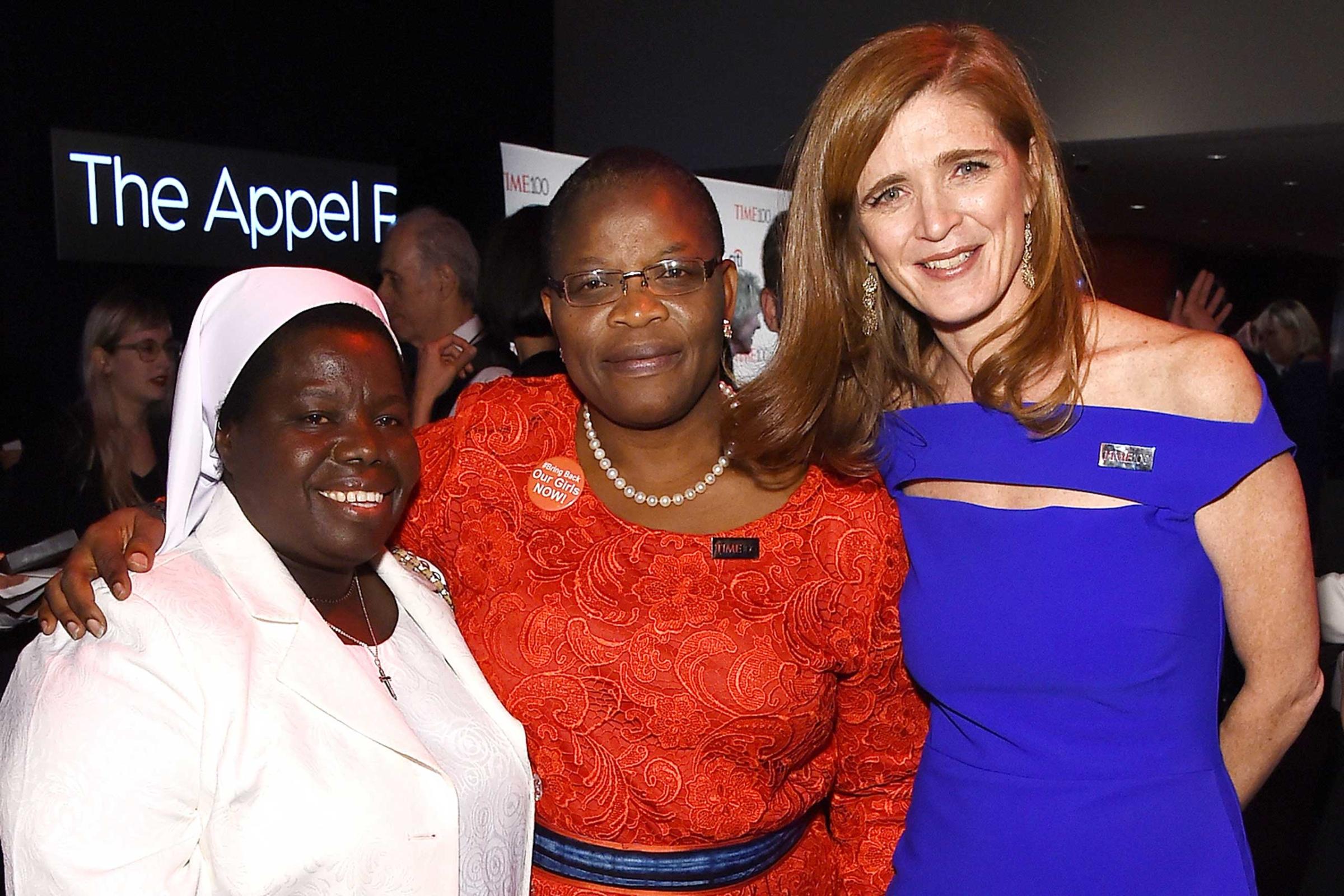 Past Time 100 honoree Sister Rosemary Nyirumbe of Saint Monica Girls Tailoring Centre, Obiageli Ezekwesili and Samantha Power attend the TIME 100 Gala at Jazz at Lincoln Center on April 21, 2015 in New York City.