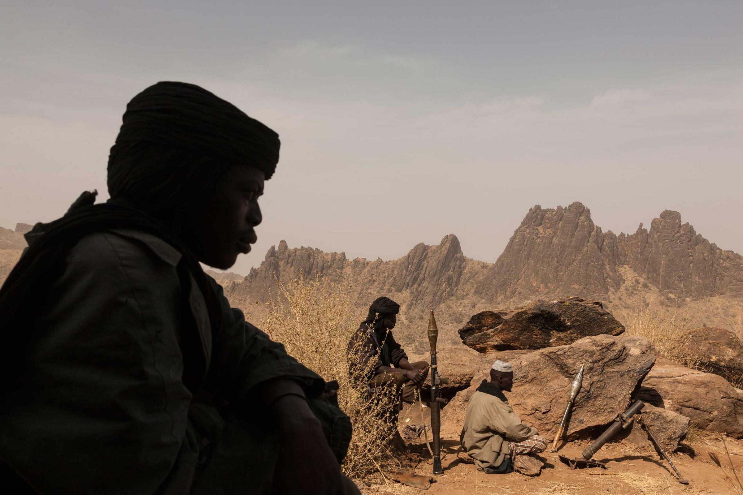 Rebels of the Sudan Liberation Army, led by Abdul Wahid (SLA-AW), defended the top of a mountain from government forces in Central Darfur, Sudan, on March 4, 2015.
