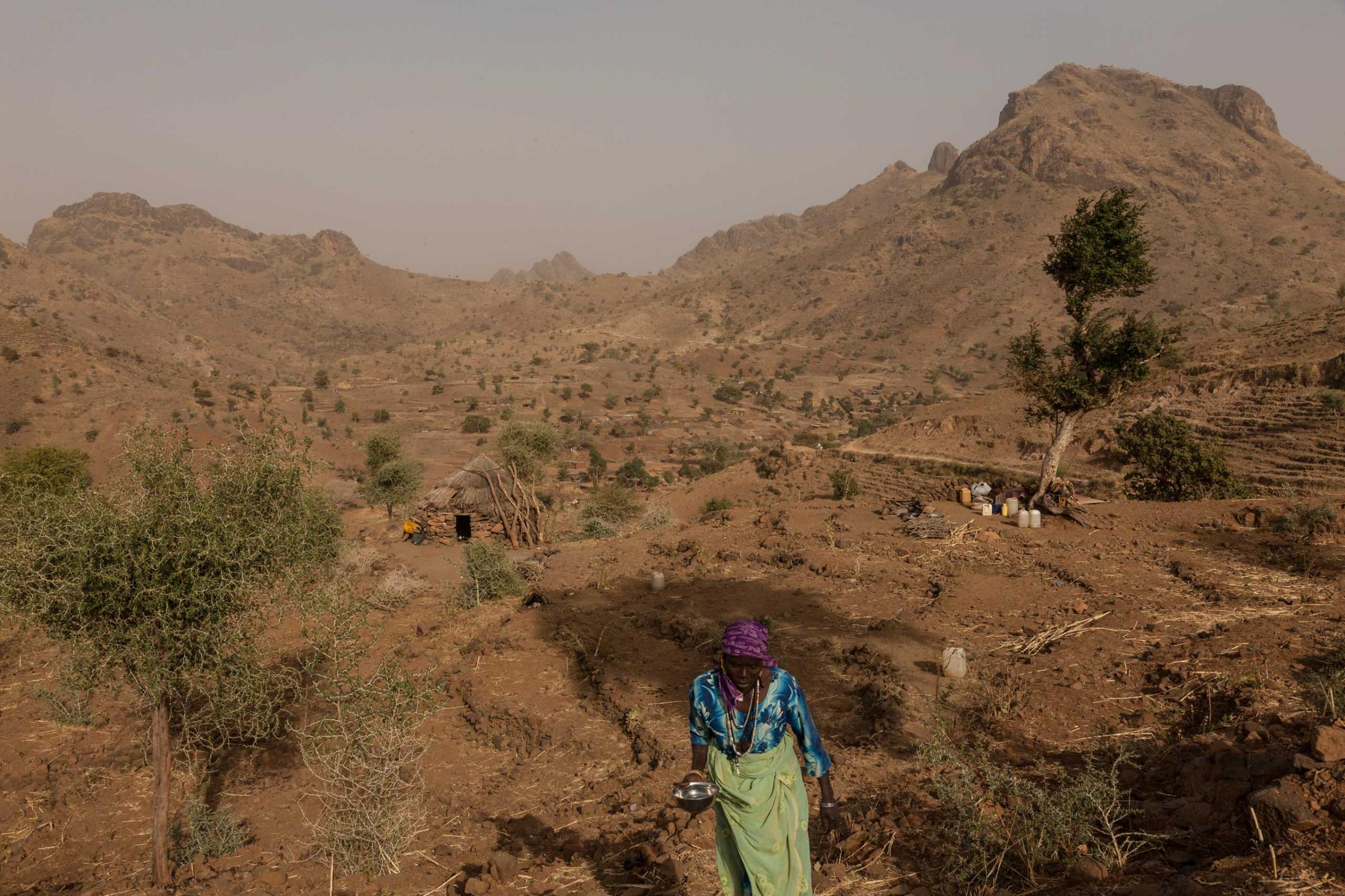After fleeing a ground attack on the town of Golo on Jan. 24, a woman carries a bowl of water up the mountain from where she lives under a tree outside of Kome in Central Darfur, Sudan, Feb. 28, 2015.
