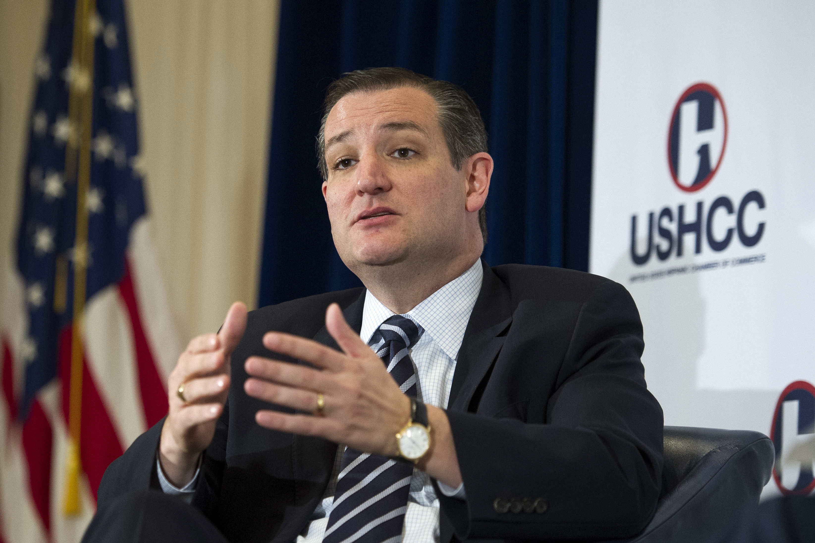 Republican presidential candidate Sen. Ted Cruz, R-Texas gestures while he talks at the U.S. Hispanic Chamber of Commerce (USHCC), on April 29, 2015, at the National Press Club in Washington. (Cliff Owen—AP)