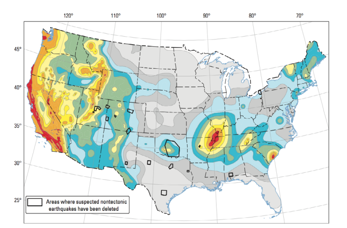 A map of earthquake activity in the United States shows areas with suspected man-made earthquake activity marked with enclosed black lines. (Courtesy of United States Geological Survey)