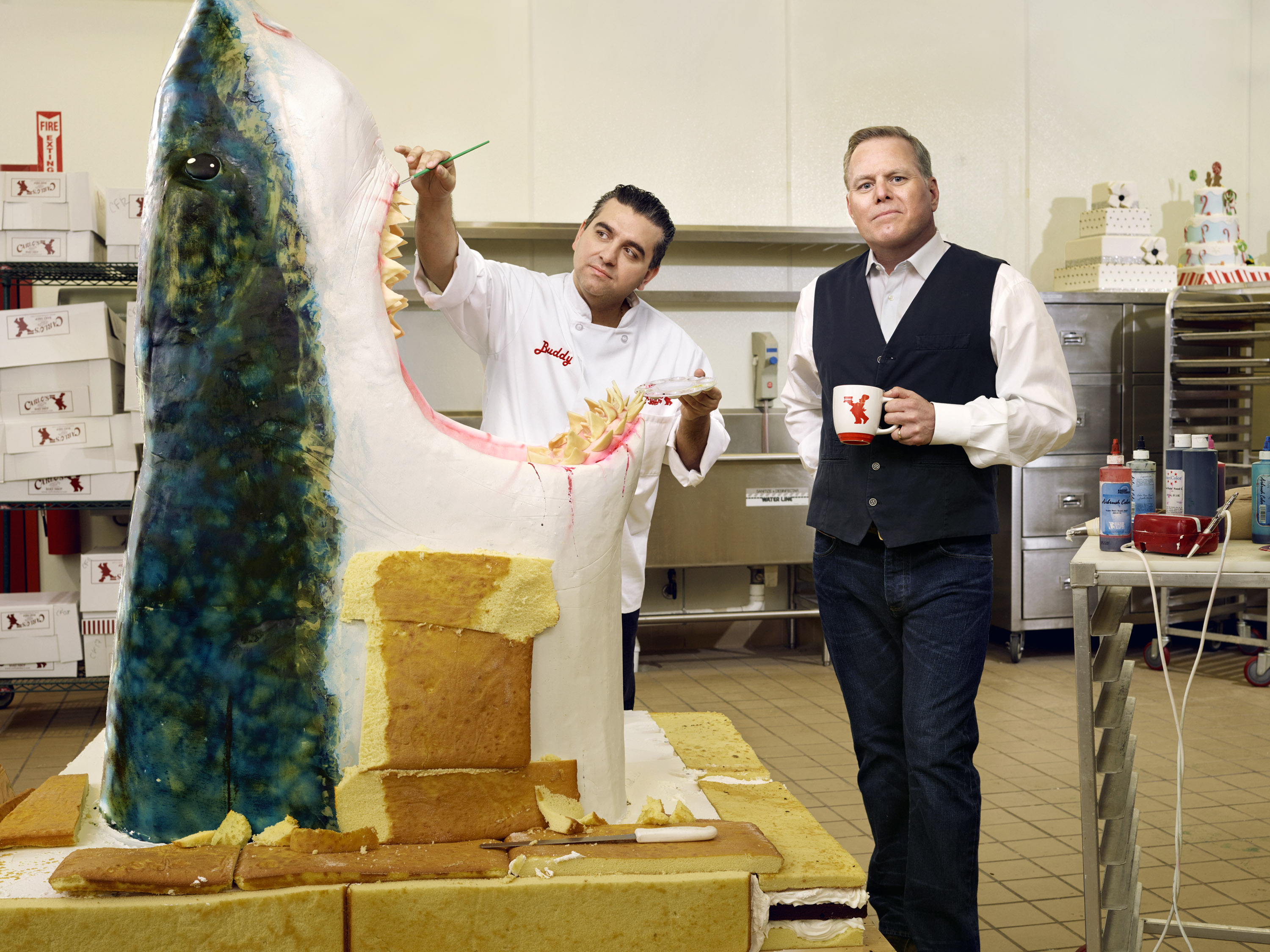Cake Boss Buddy Valastro, left, and David Zaslav at a Carlo’s bakery facility in Jersey City, N.J. (Martin Schoeller for TIME)