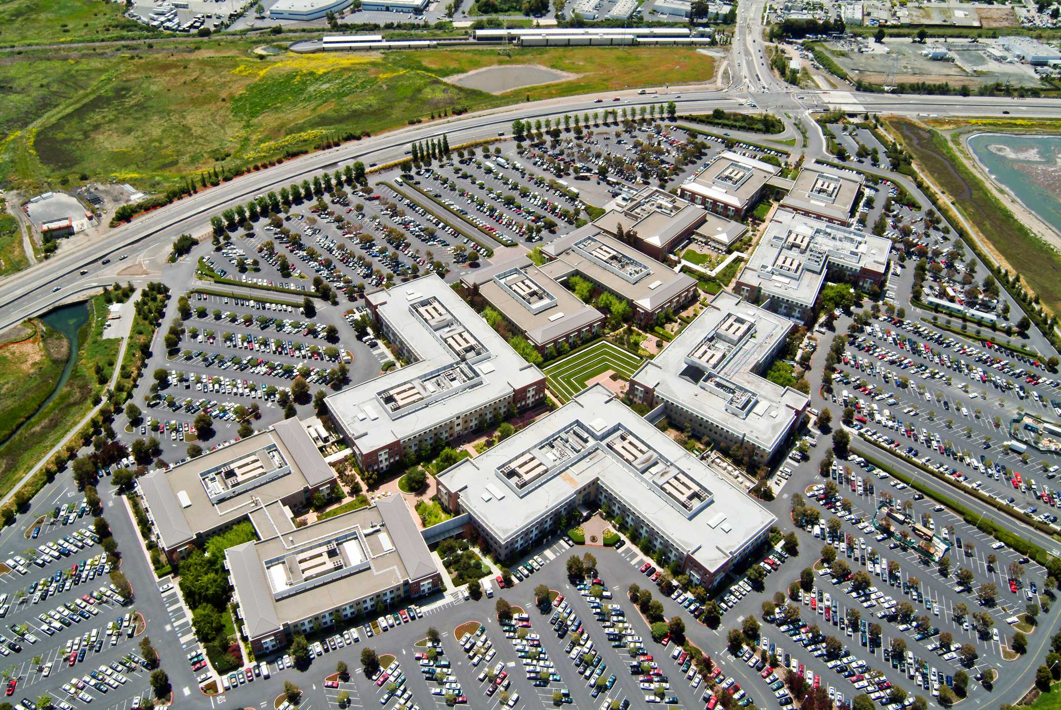 Main Headquarters: An aerial of Facebook's headquarters in Menlo Park, CA on the San Francisco Bay.