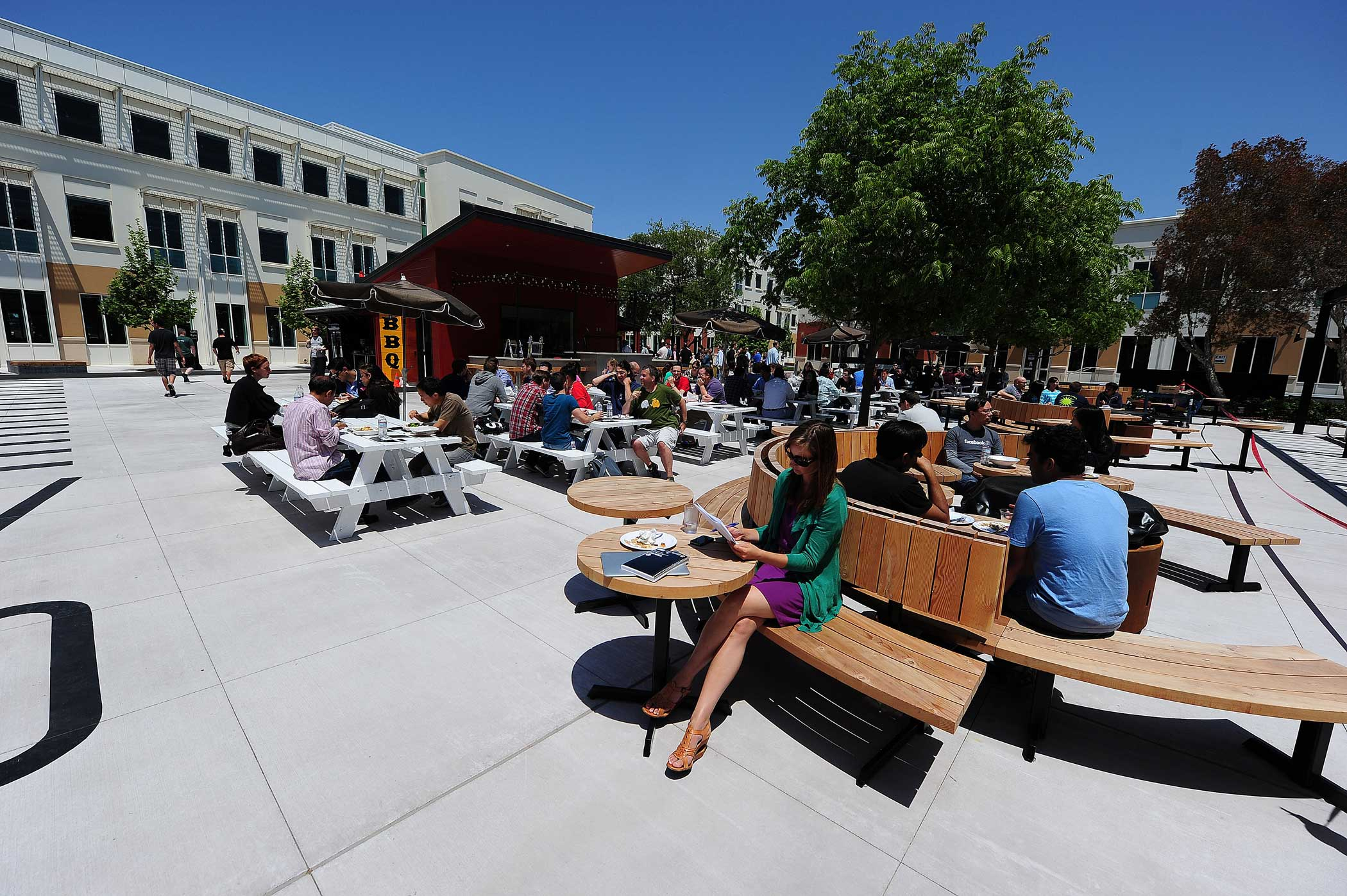 A general view of the outdoor lunch and relaxtion area at the old Facebook main campus in Menlo Park, California on May 15, 2012.