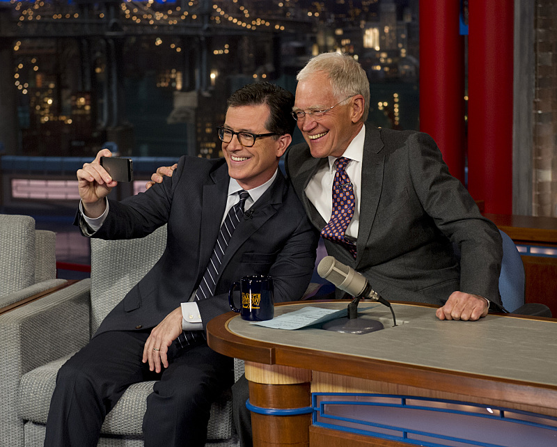 Stephen Colbert, future host of the LATE SHOW, talks to David Letterman when Colbert visits the LATE SHOW with DAVID LETTERMAN, Tuesday, April 22 (11:35 PM-12:37 AM, ET/PT) on the CBS Television Network. This photo is provided by CBS from the Late Show with David Letterman photo archive. Photo: Jeffrey R. Staab/CBS  ÃÂ©2014 CBS Broadcasting Inc. All Rights Reserved