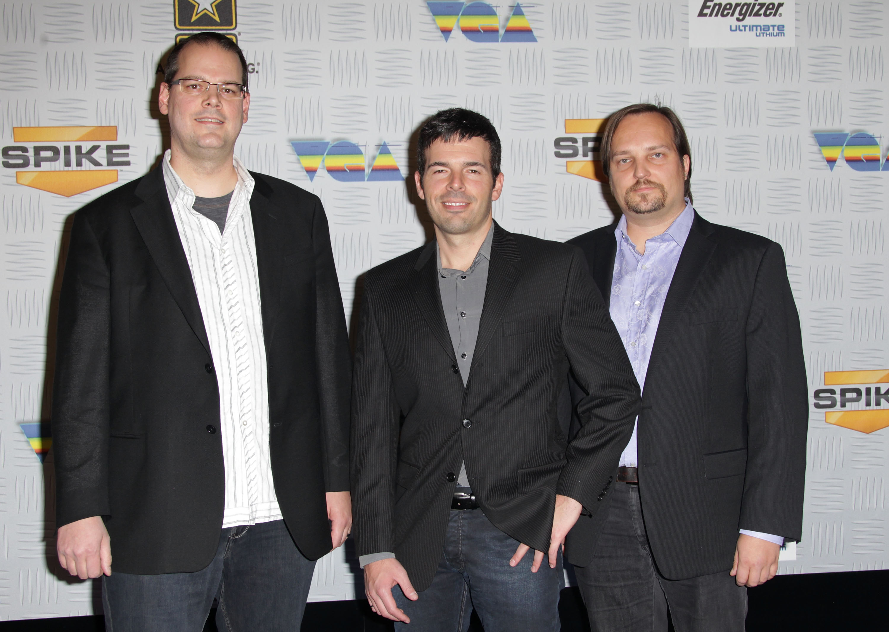 BioWare co-founder Ray Muzyka, Mass Effect 2 executive producer Casey Hudson, and  BioWare co-founder Greg Zeschuk at Spike TV's "2010 Video Game Awards" held at the LA Convention Center on December 11, 2010 in Los Angeles, California. (Frederick M. Brown—Getty Images)