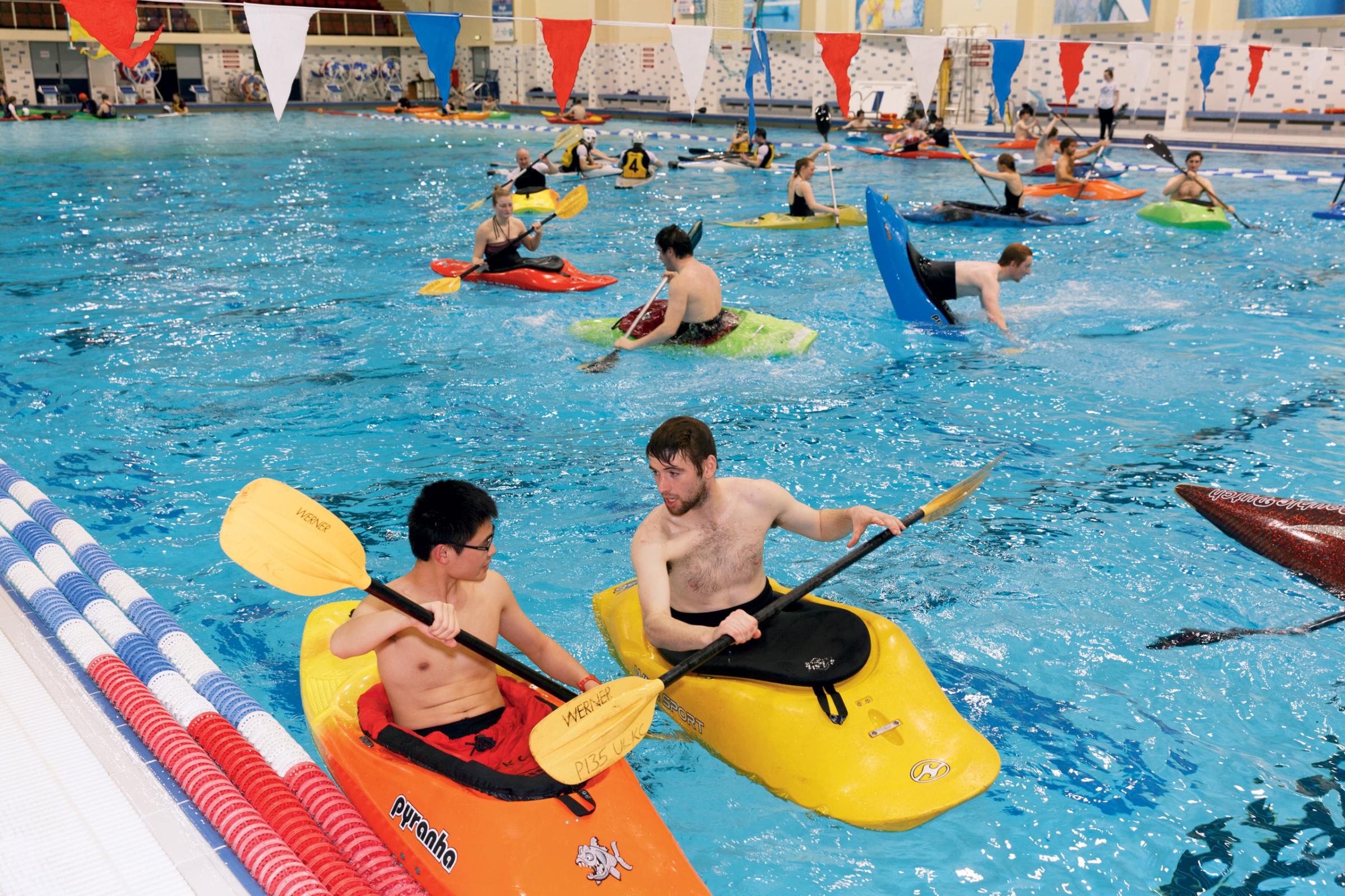 Late night indoor kayaking, University Arena Pool, University of Limerick. Ireland’s first Olympic-size pool is open to students, faculty, staff and the public, and hosts boating, water safety and sports training activities in addition to swimming.