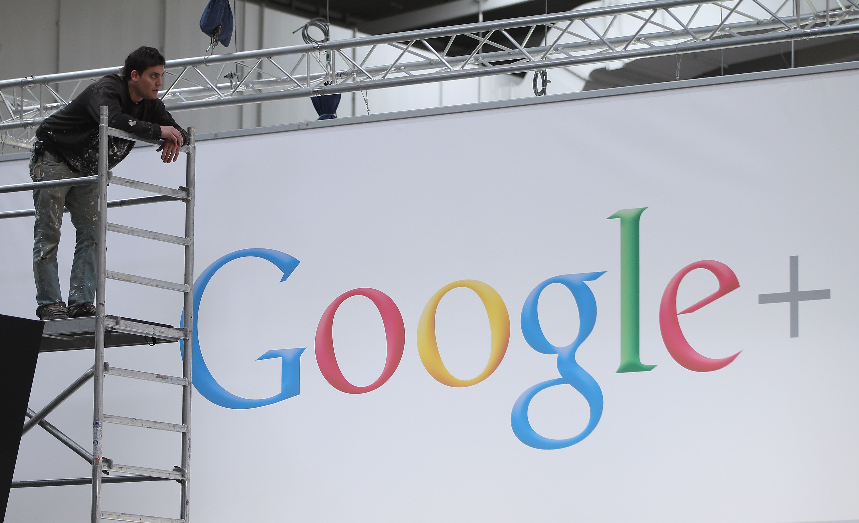 A worker prepares the Google stand the day before the CeBIT 2012 technology trade fair officially opens to the public on March 5, 2012 in Hanover, Germany. (Sean Gallup—Getty Images)