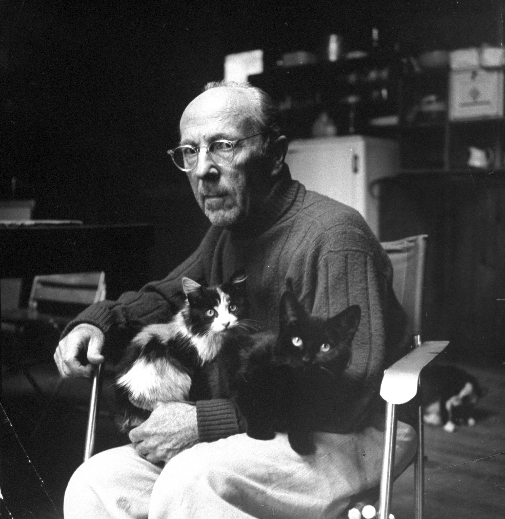 Photographer Edward Weston with two of his cats ,1960.