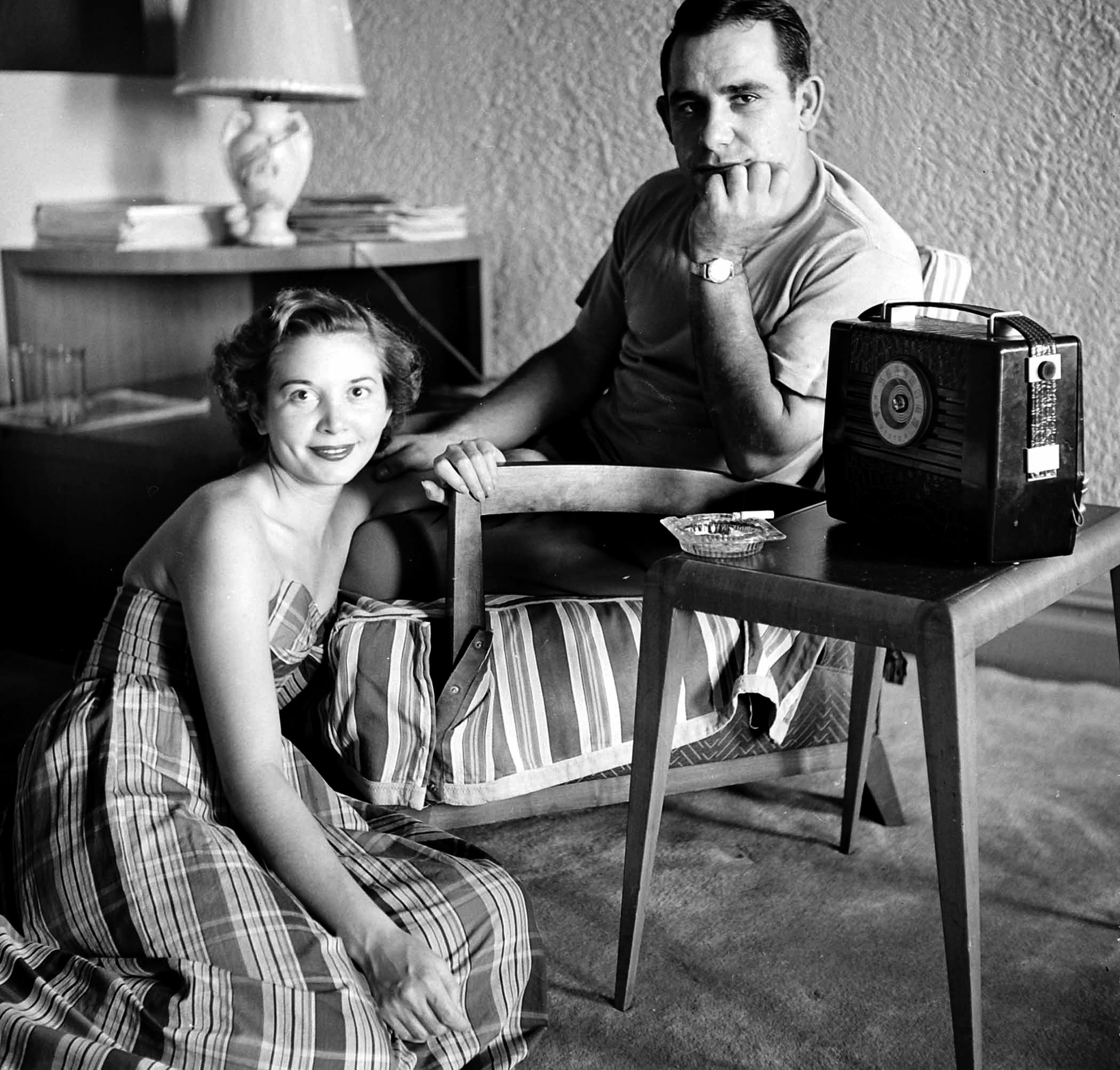 Yogi Berra with his wife Carmen at home, 1949.