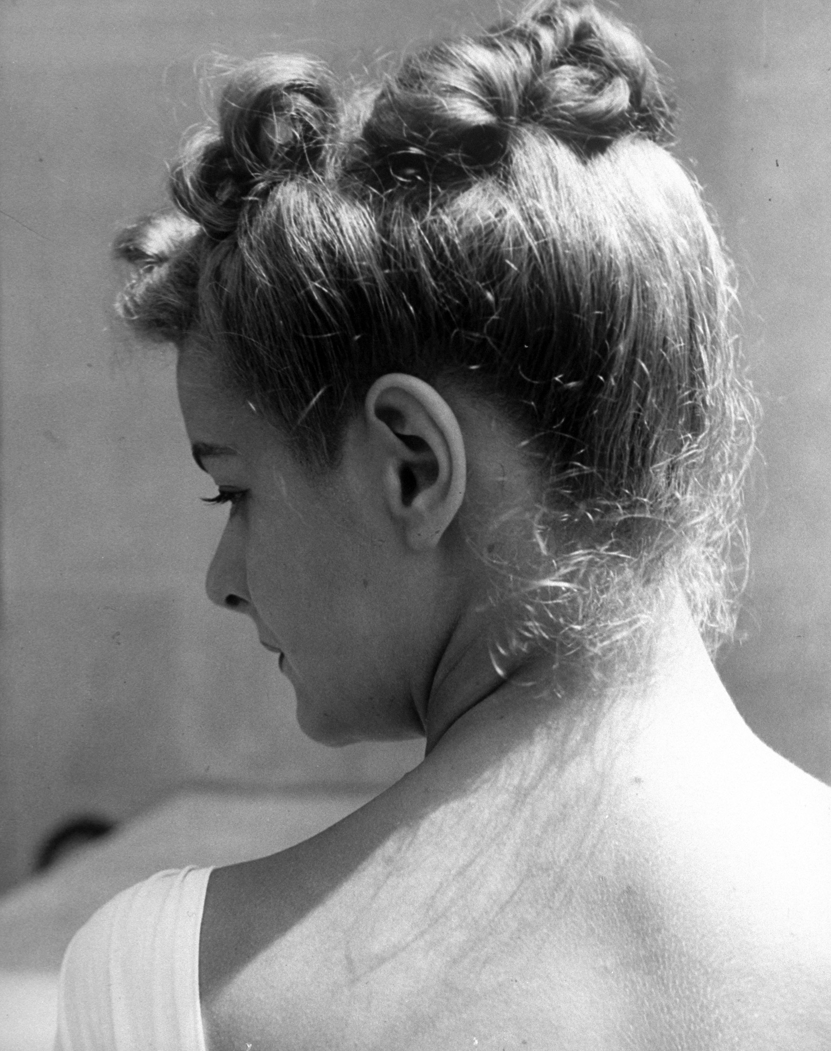 Detail of model June Cox's hair.