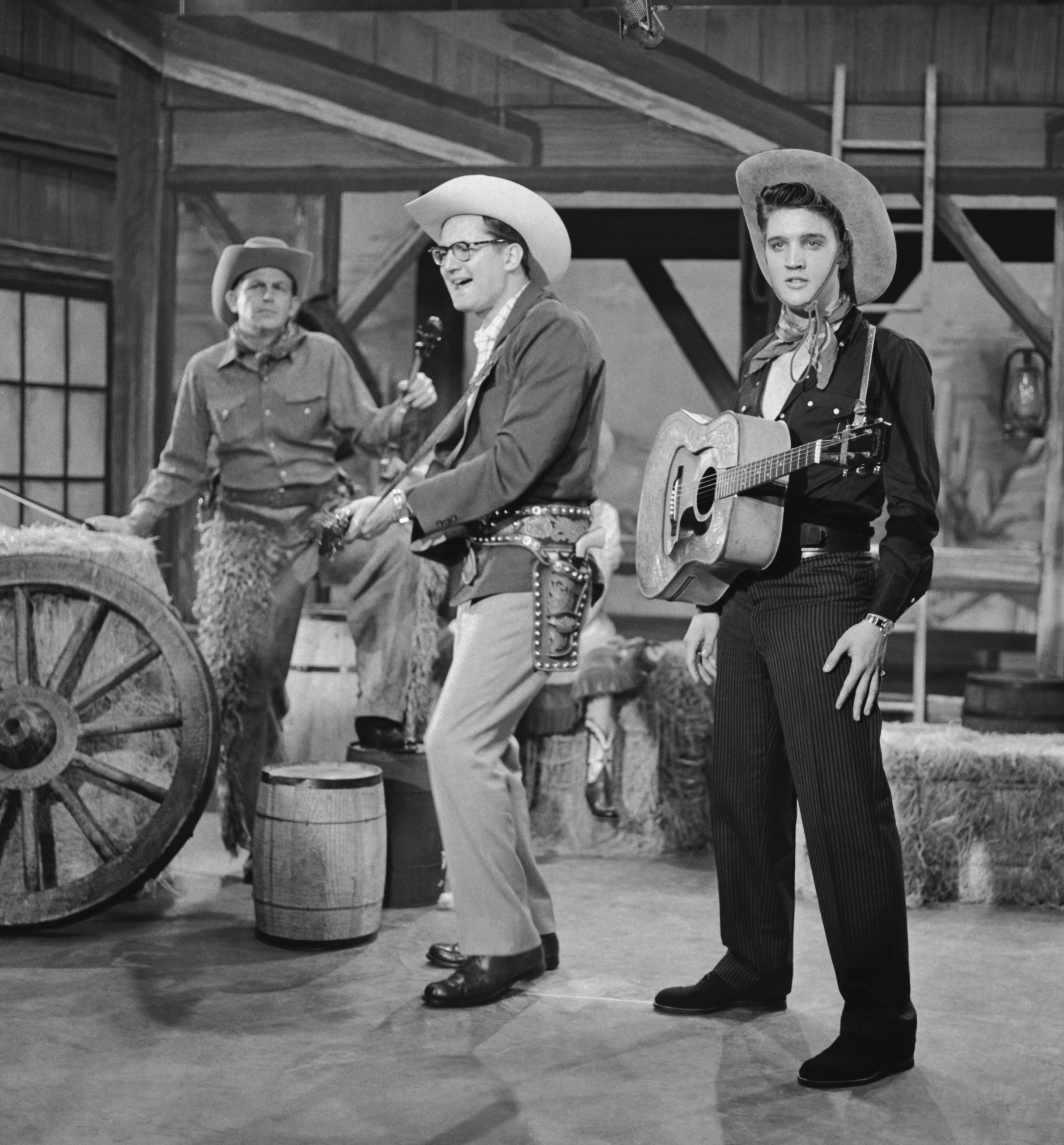 The Tonight Show starring Steve Allen, July 1 1956: (l-r) Andy Griffith, Steve Allen, and Elvis Presley perform a parody of Country &amp; Western television shows