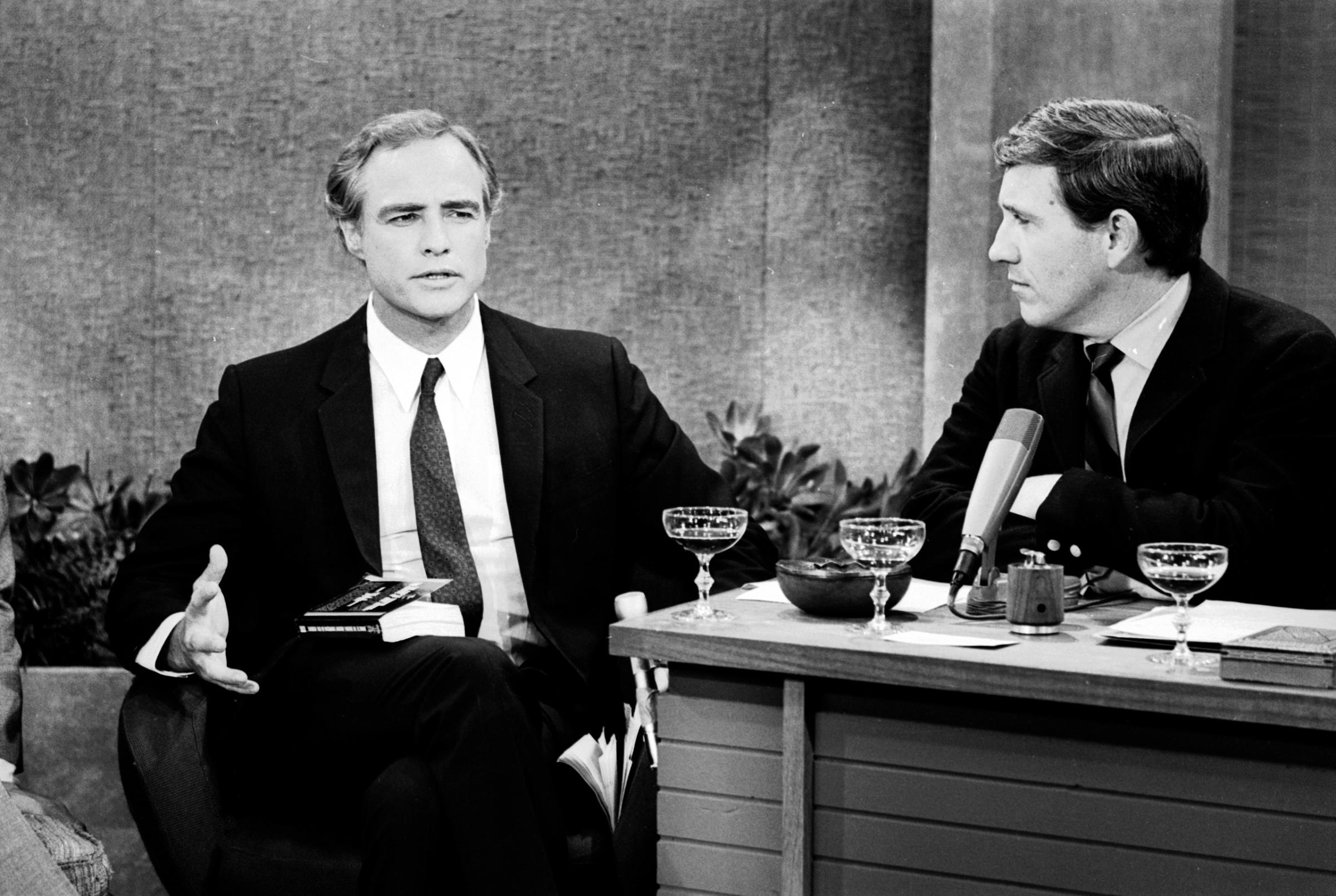 TV talk show host Merv Griffin (R) interviewing actor Marlon Brando, 1968.