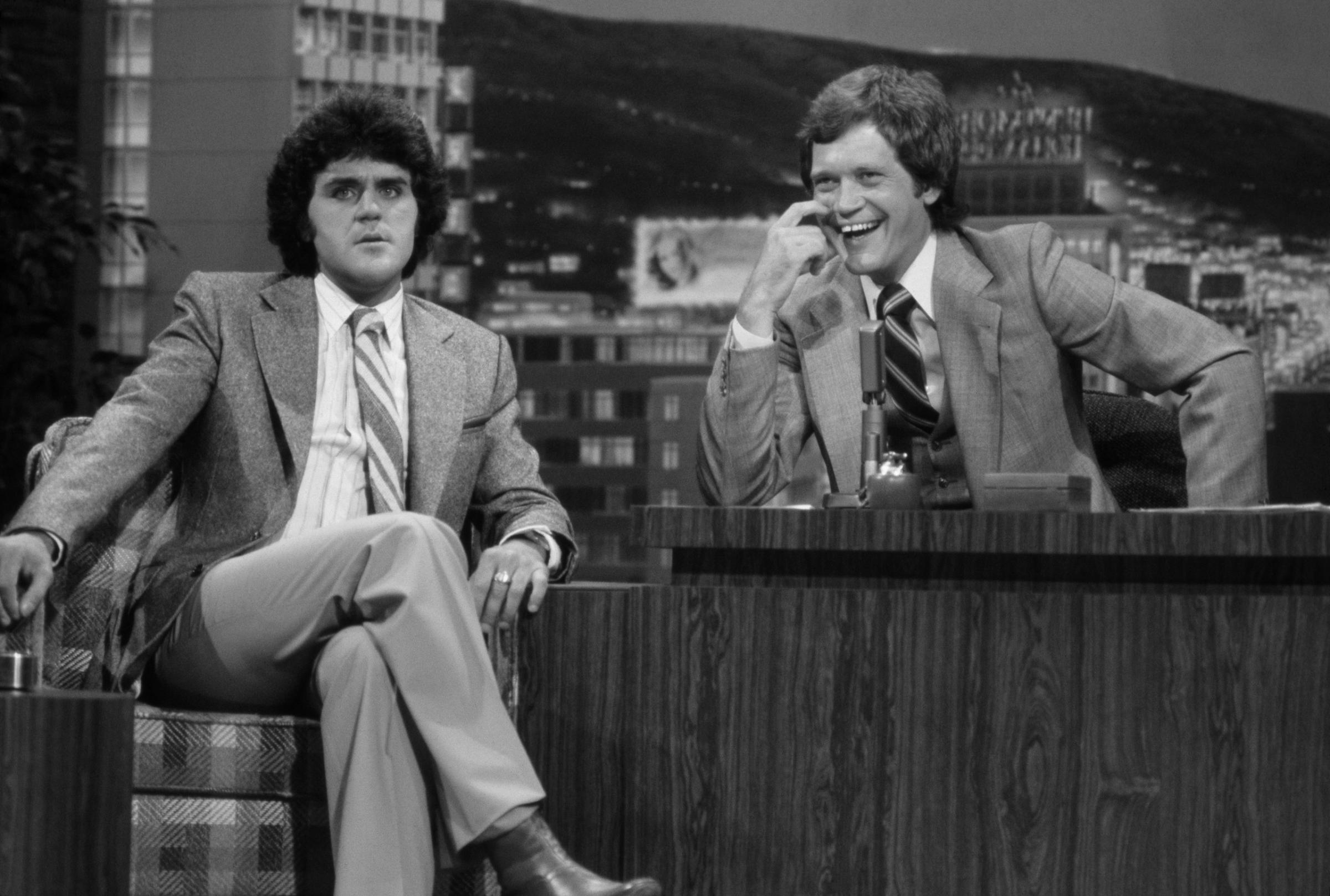 The Tonight Show starring Johnny Carson: (l-r) Comedian Jay Leno during an interview with guest host David Letterman on July 4, 1979