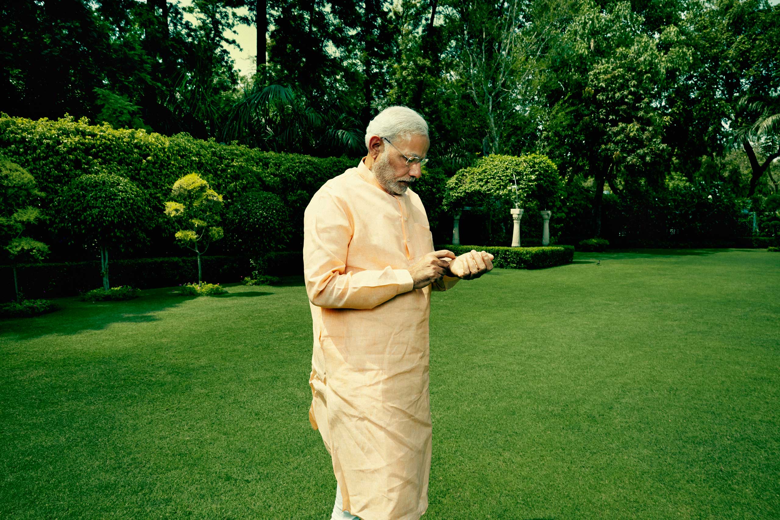 Indian Prime Minister Narendra Modi in the garden at his official residence in New Delhi, India. May 2, 2015.