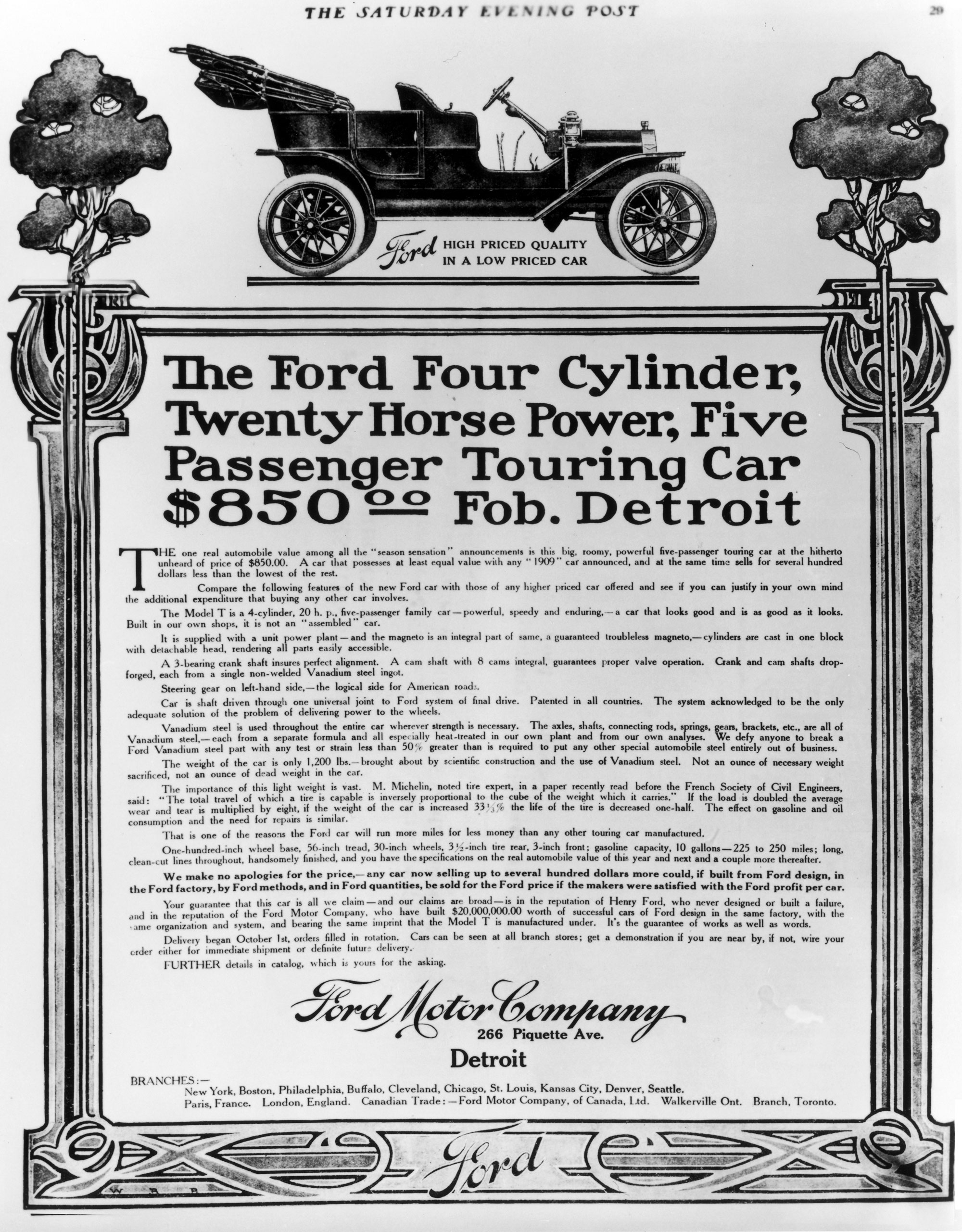 A Ford Advertisement for Model T Automobile, circa 1909.