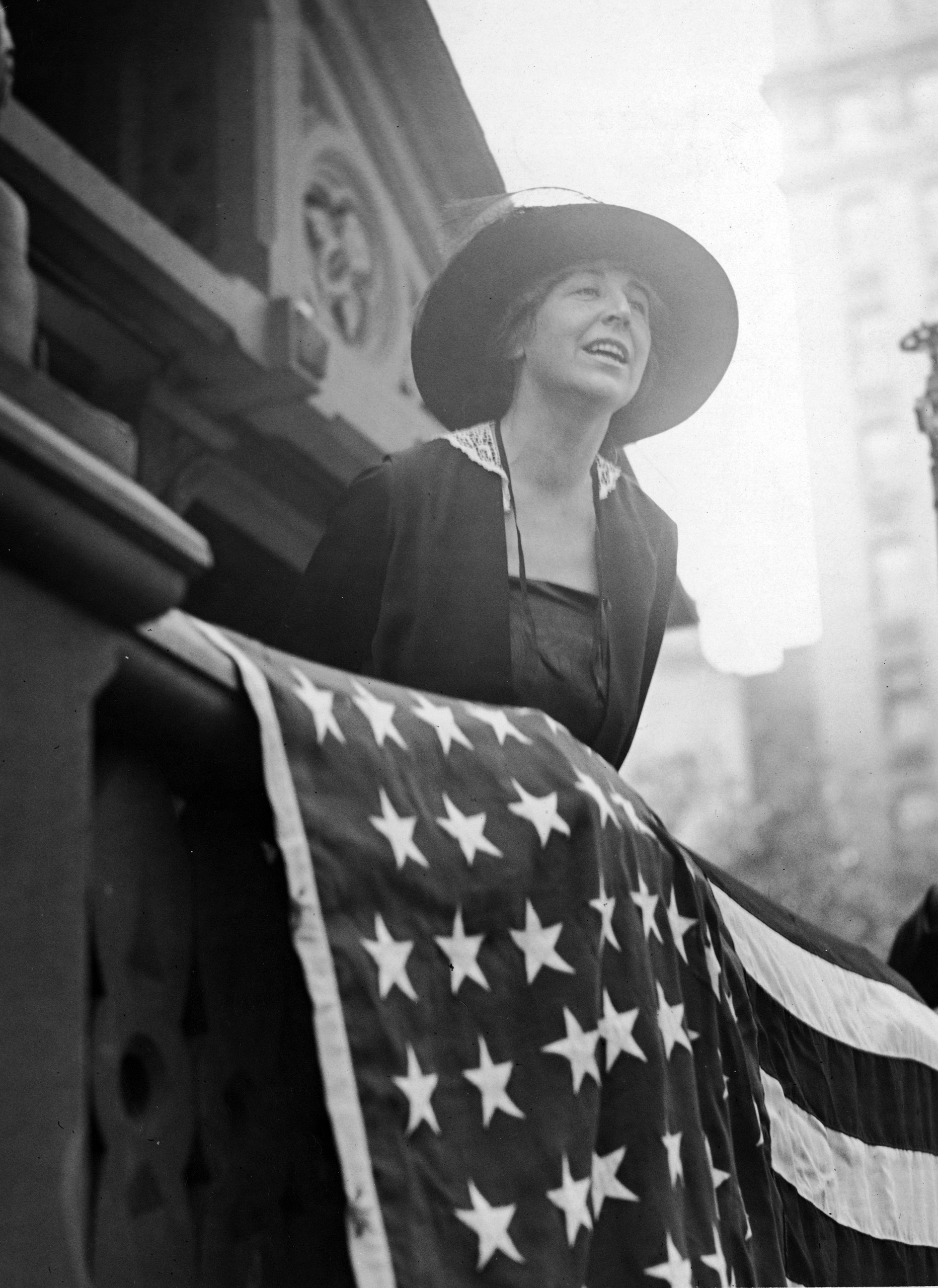 American pacifist leader and former congresswoman Jeannette Rankin (1880 - 1973) addresses a rally at Union Square, New York, New York, September 1924.