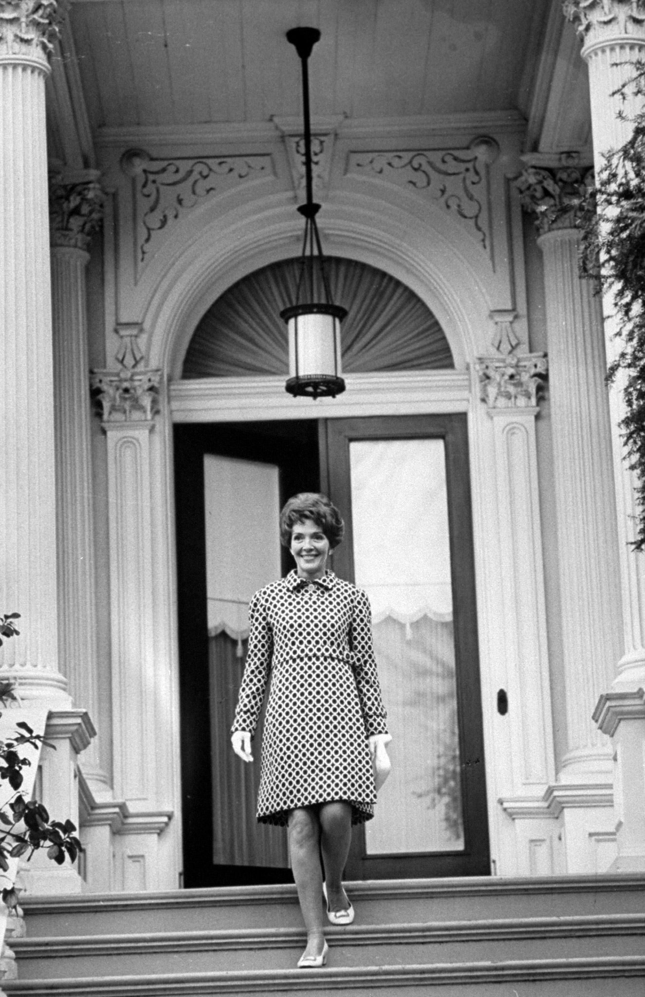 Designer James Galanos coat worn by Nancy Reagan at Governor's Mansion, 1967.