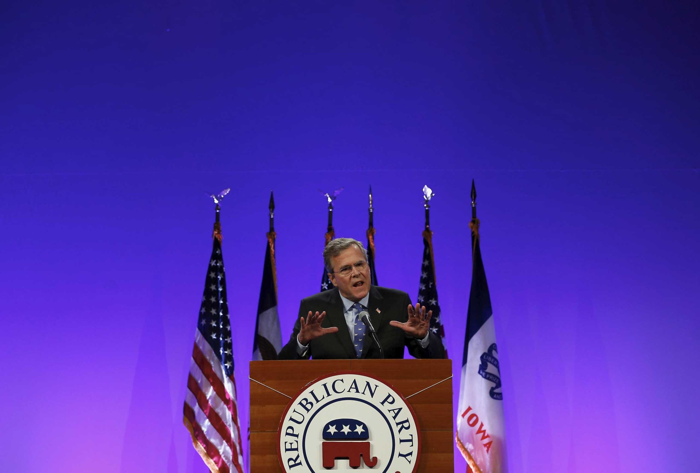 Former Florida Governor Jeb Bush speaks at the Republican Party of Iowa's Lincoln Dinner in Des Moines, Iowa, United States, May 16, 2015.
