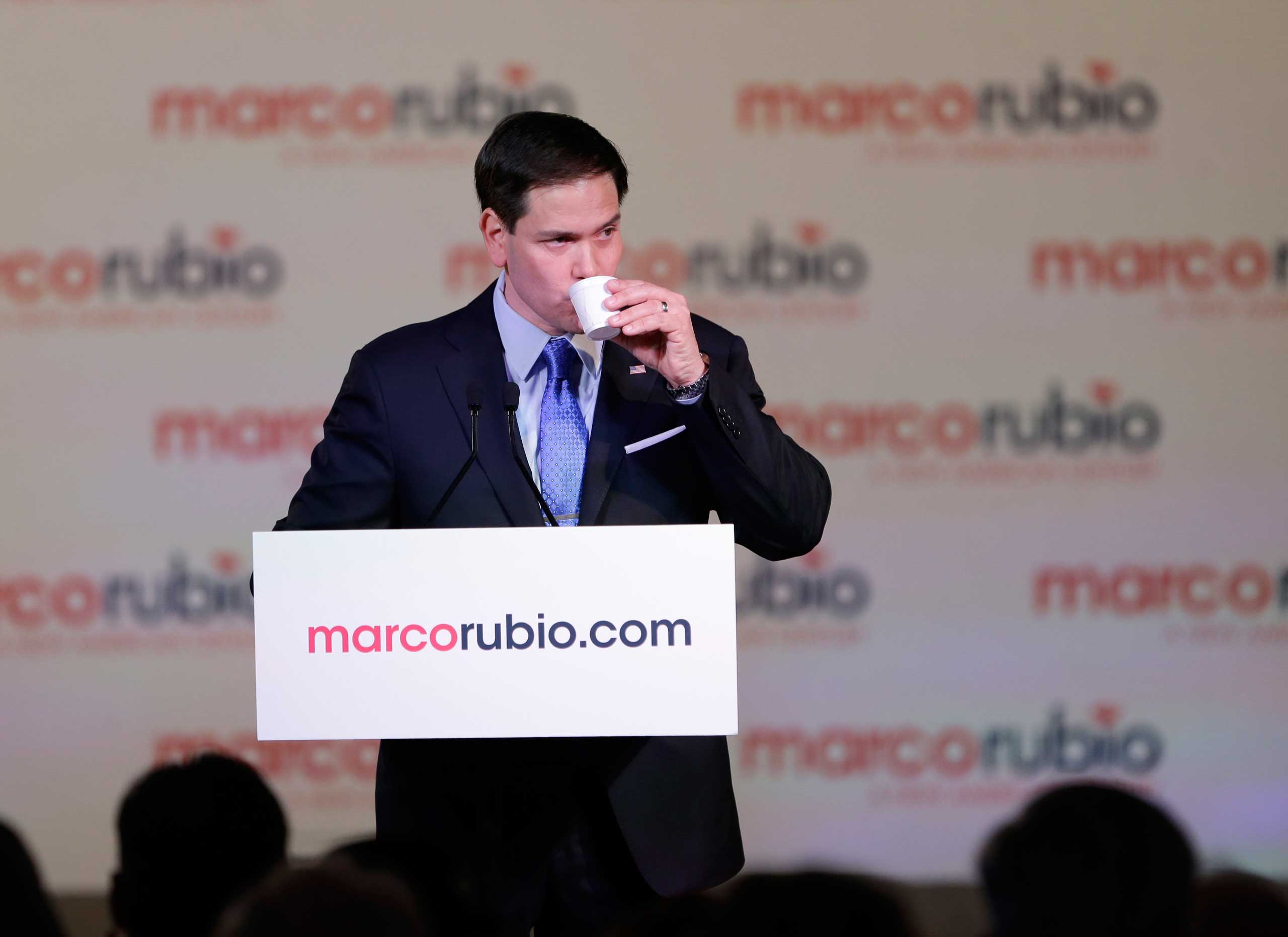 Florida Sen. Marco Rubio announced his campaign for the Republican nomination during a rally at the Freedom Tower in Miami on April 13. He took a drink of water during the speech, a callback to his State of the Union response in 2013.