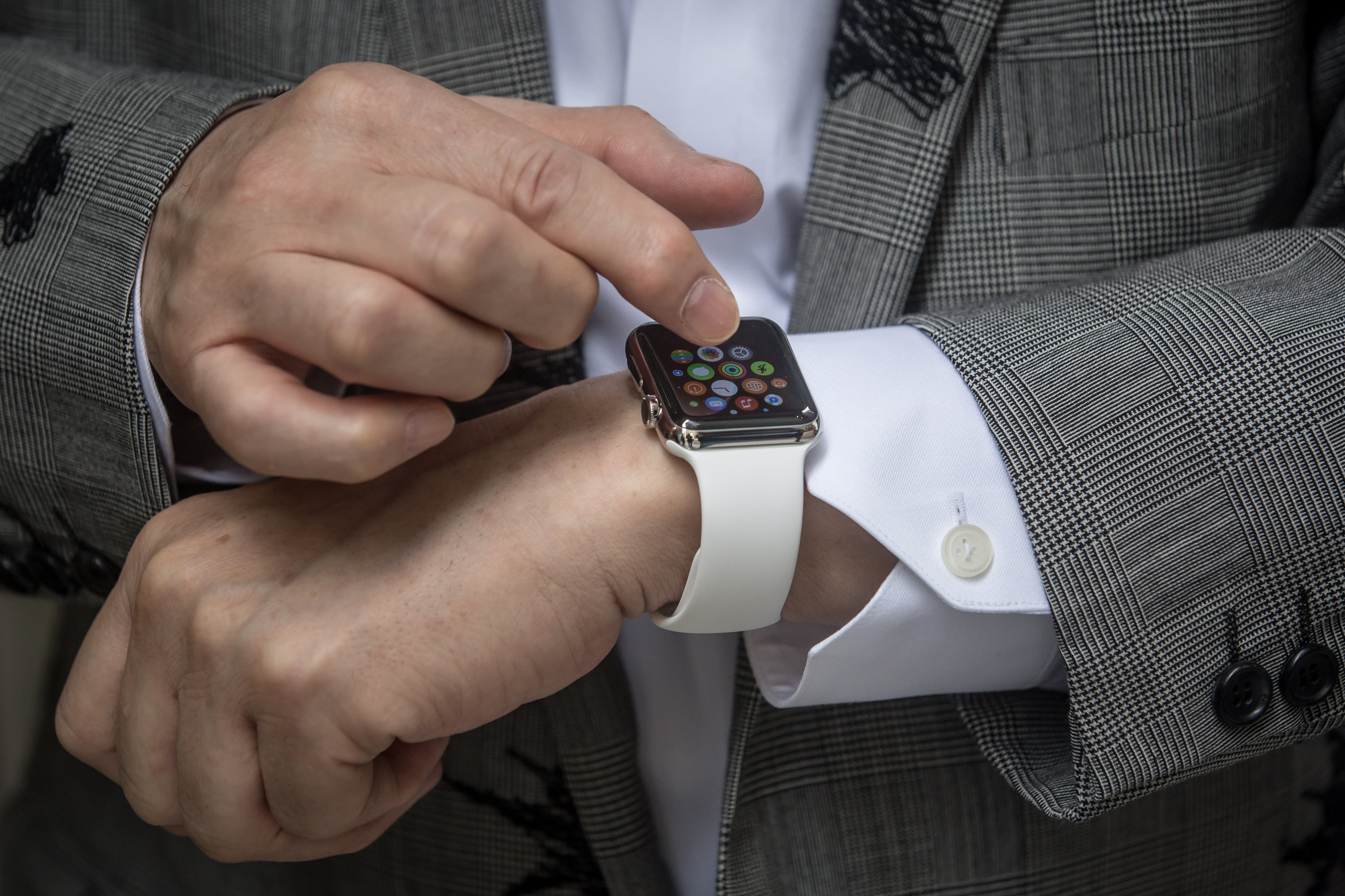 Shimada shows off his newly purchased Apple Watch outside boutique store, Dover Street Market Ginza on April 24, 2015 in Tokyo, Japan. (Chris McGrath&mdash;Getty Images)