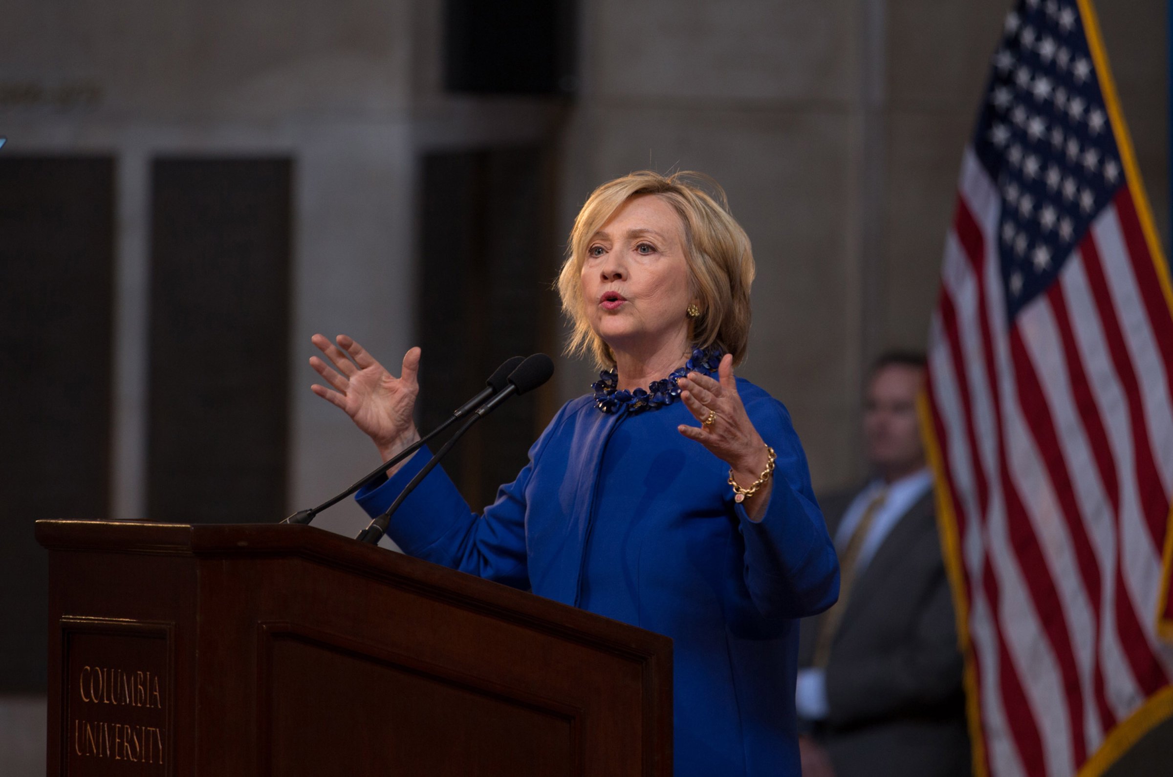 NEW YORK, NY - APRIL 29: Presidential candidate Hillary Rodham Clinton delivered a speech during the David Dinkins Leadership and Public Policy Forum at Columbia University in Manhattan, NY April 29, 2015.  (Photo by Kevin Hagen/Getty Images)