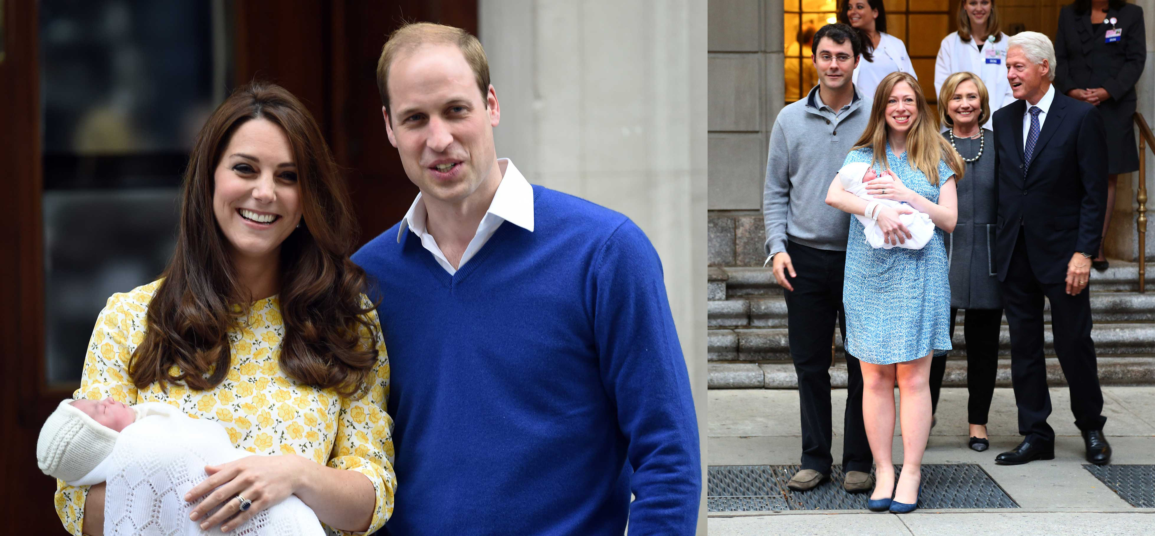 (L) Catherine Duchess of Cambridge and Prince William, Duke of Cambridge leave the Lindo Wing at St. Mary's Hospital  with their new born baby daughter. (R) Chelsea Clinton leaves Lenox Hill Hospital with her baby, Charlotte, husband Marc and parents, Bill and Hillary Clinton. ((L) Anwar Hussein—Getty Images; (R) A. Ariani—Corbis)