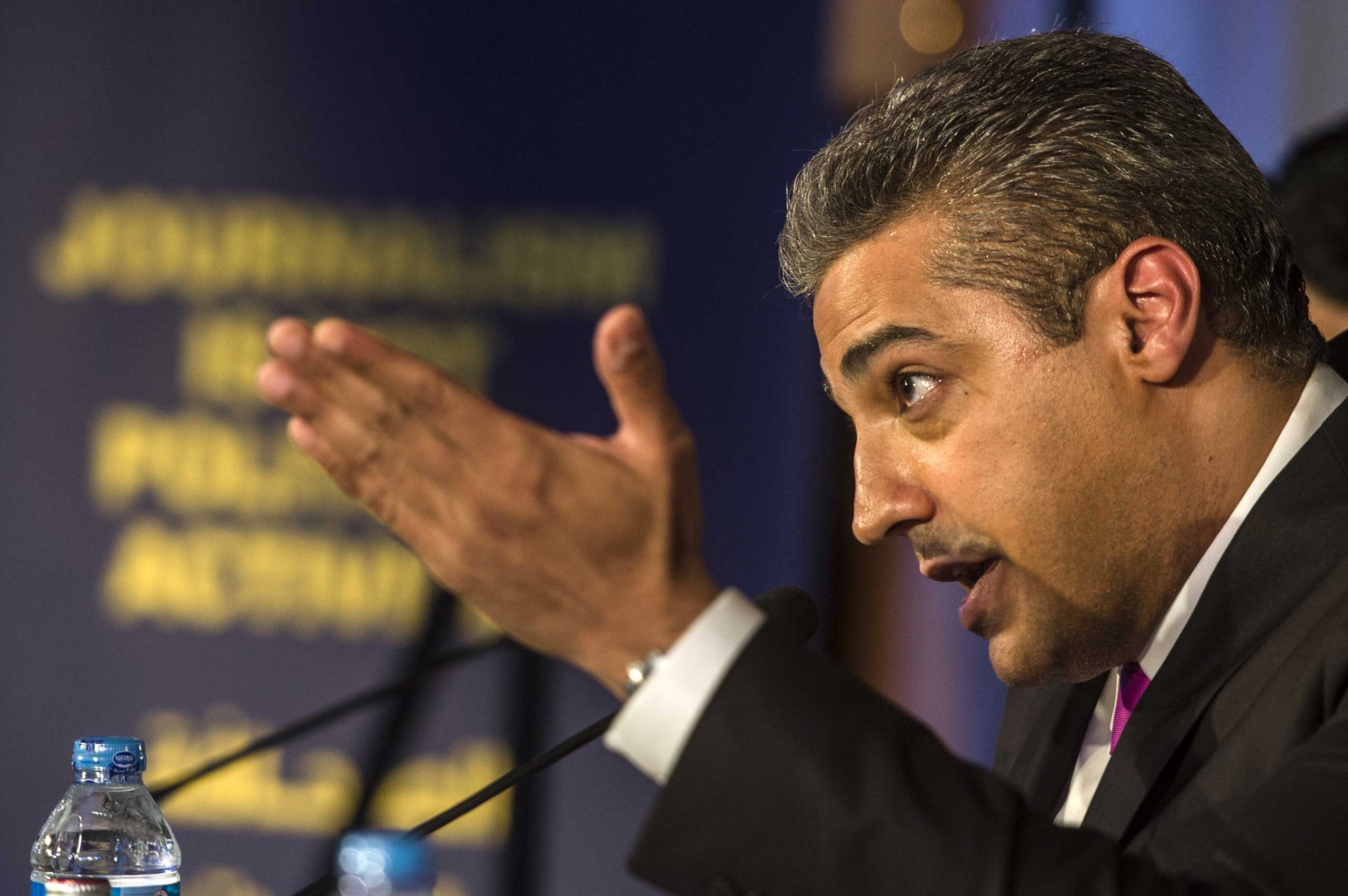 Egyptian-Canadian journalist Mohamed Fahmy, formerly with Al-Jazeera, attends a press conference in Cairo on May 11, 2015.