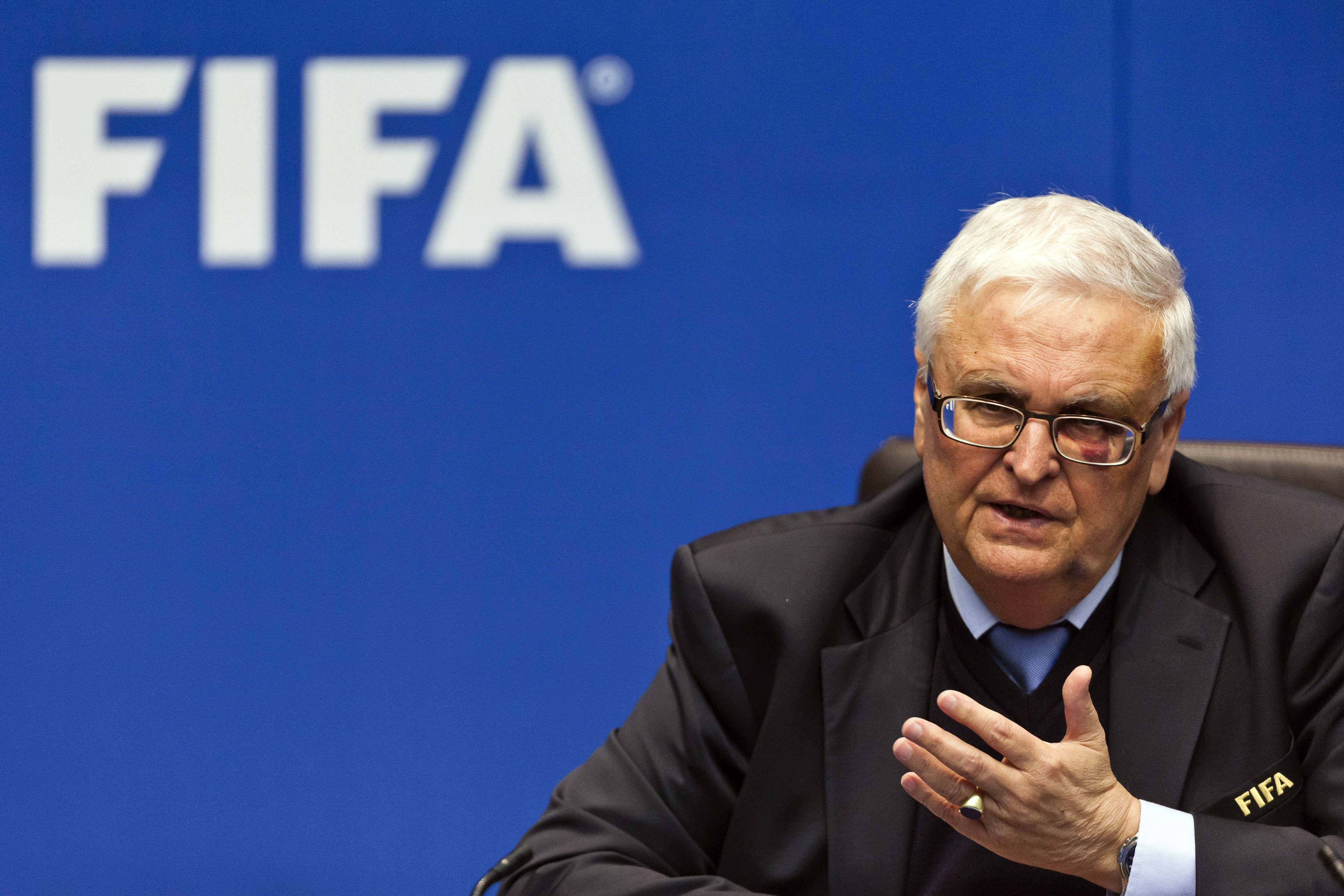 FIFA executive committee member Theo Zwanziger talks during a press conference following an executive meeting of the football's world governing body at the Home of FIFA on March 21, 2014 in Zurich. A report on migrant workers' rights in Qatar ahead of the 2022 World Cup and the 2014 FIFA World Cup in Brazil was on the agenda. AFP PHOTO / MICHAEL BUHOLZER        (Photo credit should read MICHAEL BUHOLZER/AFP/Getty Images) (AFP&mdash;AFP/Getty Images)